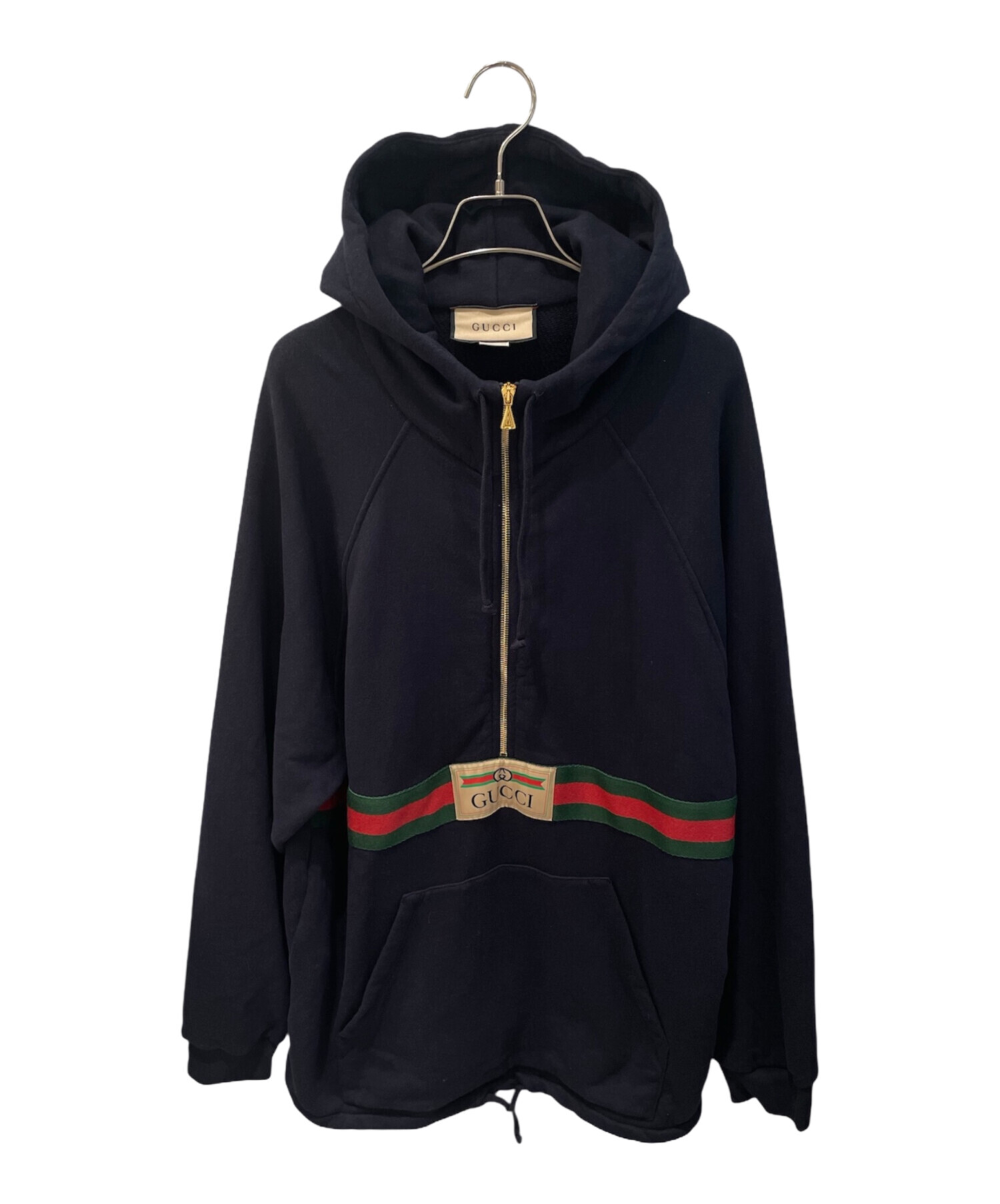 GUCCI ベルベット パーカー ブラック 中古・古着通販】GUCCI (グッチ) ウェブ&GUCCIラベル付きスウェット