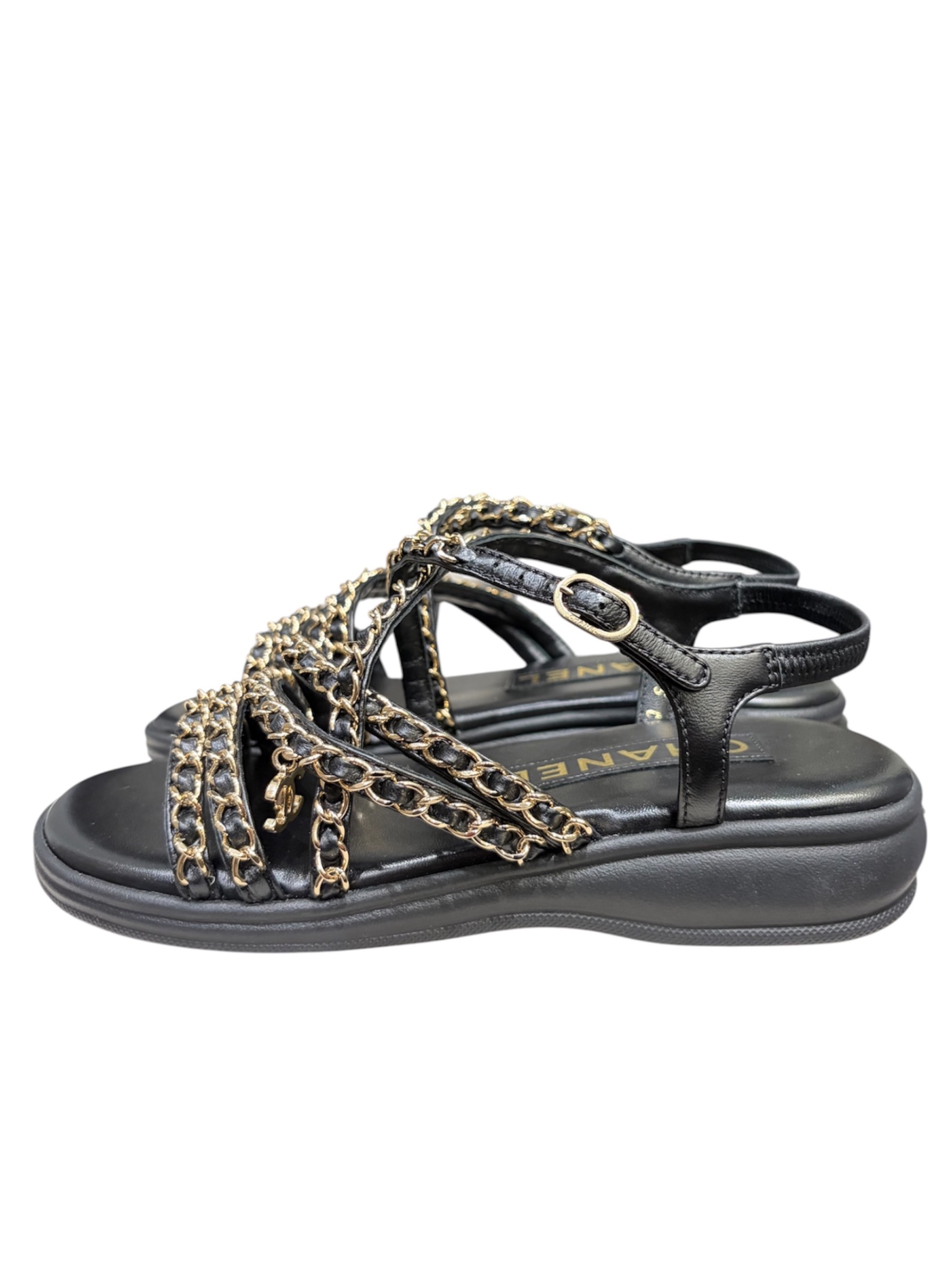 シャネル パンプス ストラップサンダル【未使用】スパンコール ブラック36ハーフ 中古・古着通販】CHANEL (シャネル) チェーンストラップサンダル
