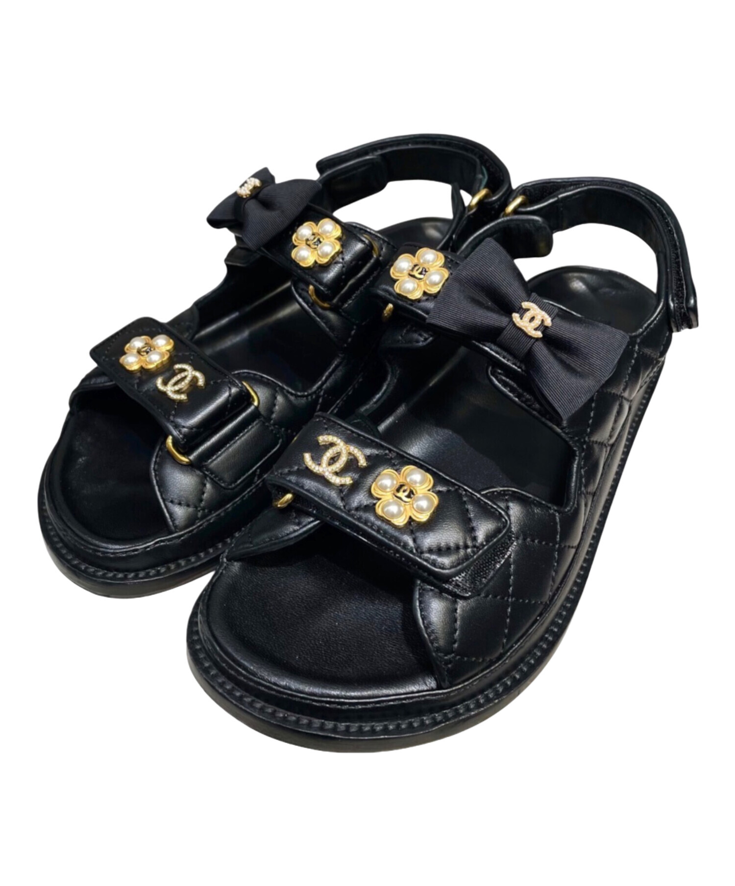 CHANELブラックレザー サンダル 中古・古着通販】CHANEL (シャネル) ベルクロレザーサンダル ブラック