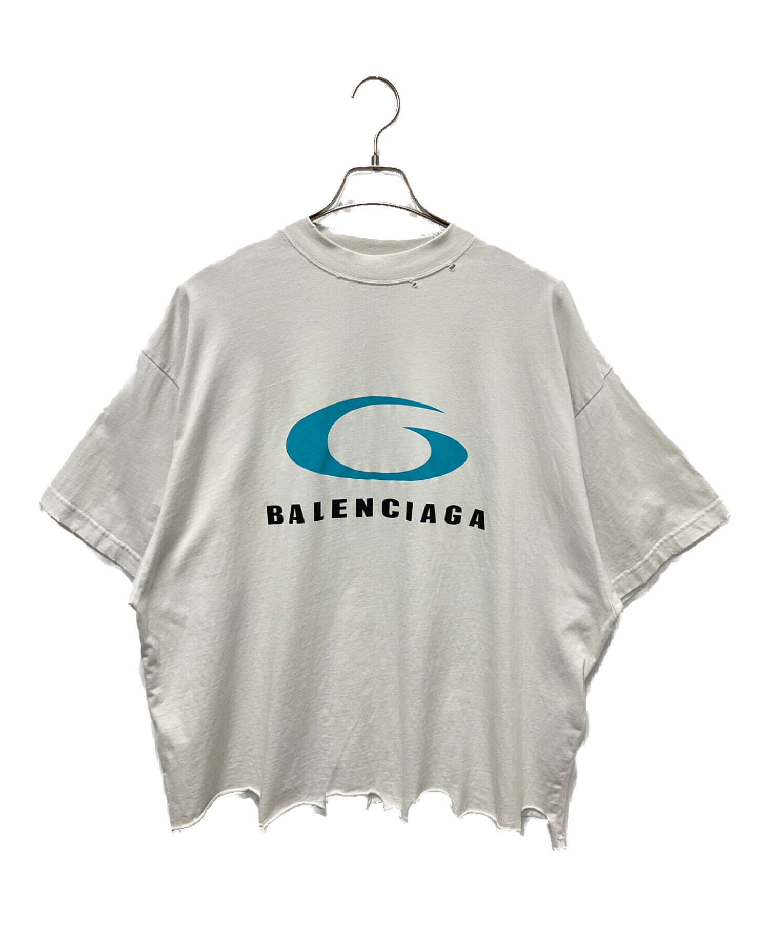 美品 バレンシアガ BALENCIAGA Tシャツ カットソー 半袖 ショートスリーブ ロゴ トップス レディース S ホワイト BALENCIAGA(バレンシアガ) Logo Crewneck Damaged Collar Shortsleeve