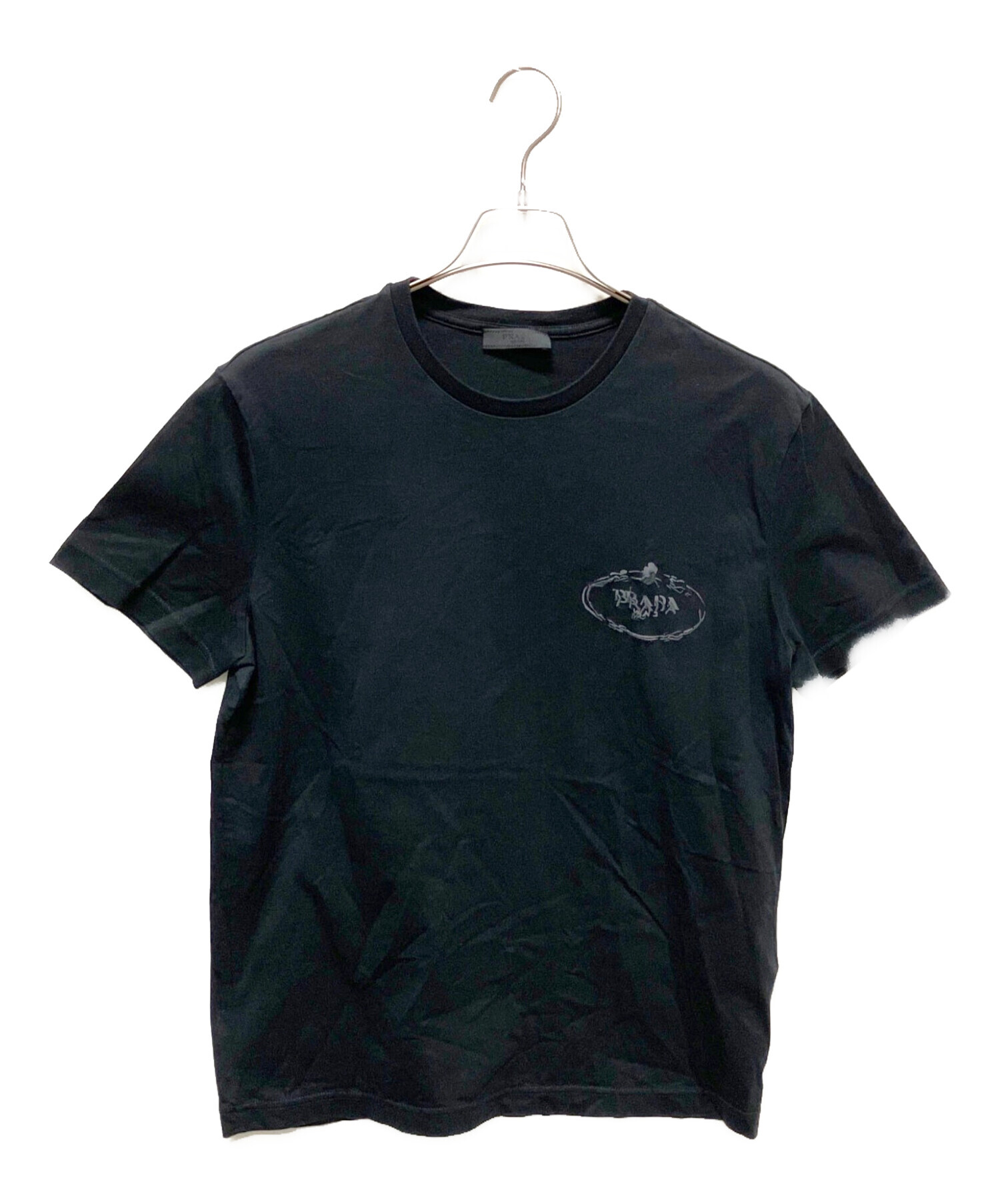 PRADA ロゴ刺繍 Tシャツ ブラック 中古・古着通販】PRADA (プラダ) ロゴ刺繍クルーネックTシャツ