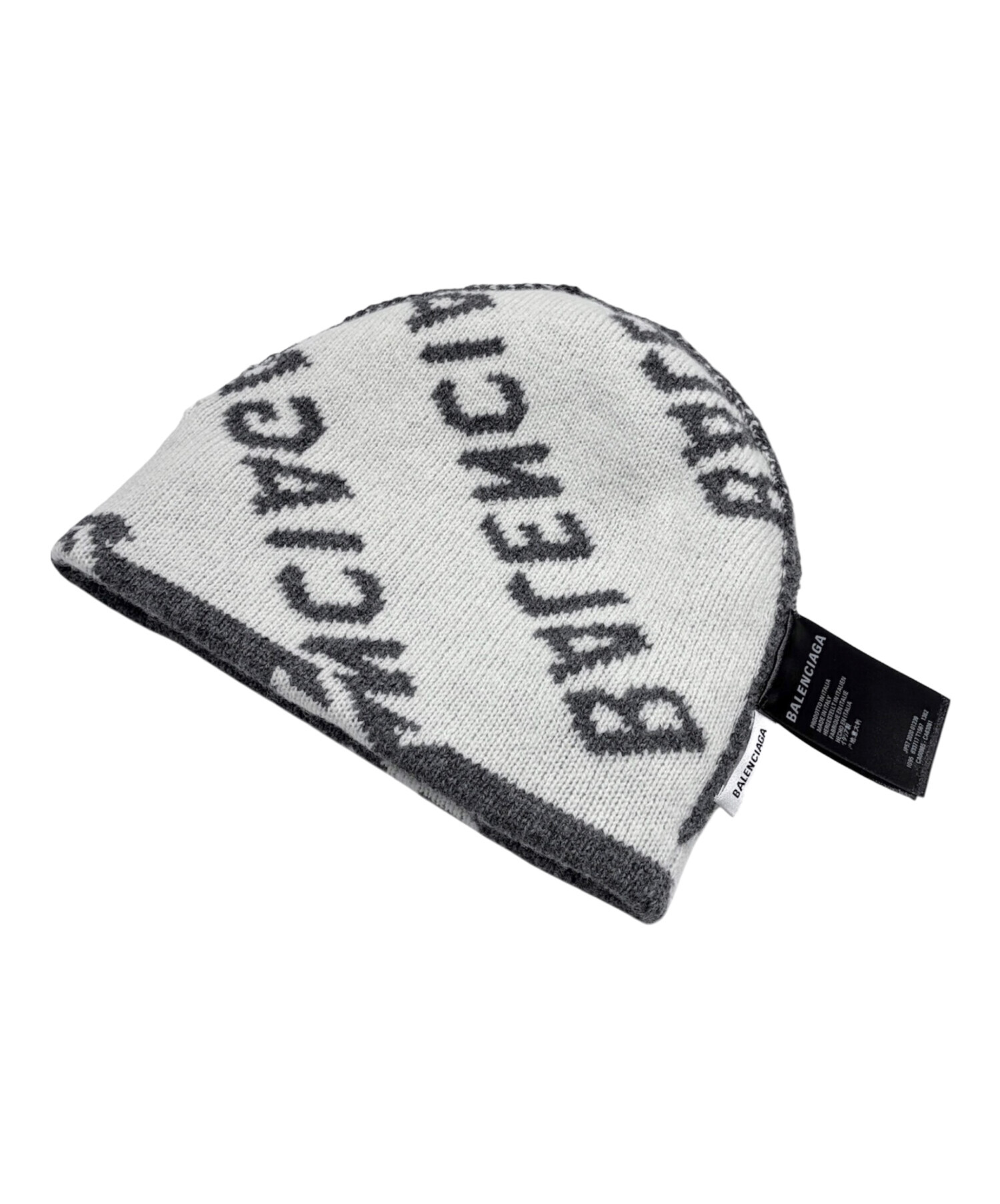 BALENCIAGA ニット帽 S ブラック×ホワイト ロゴ総柄 ビーニー 中古・古着通販】BALENCIAGA (バレンシアガ) 総柄ロゴニットキャップ