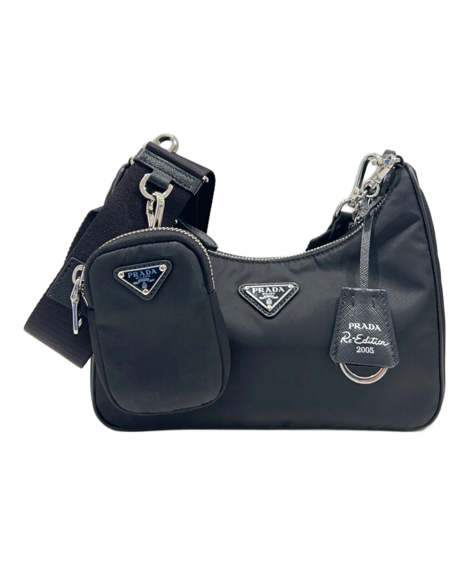 PRADA ブラック ショルダーバッグ 中古・古着通販】PRADA (プラダ) Re-ナイロンショルダーバッグ