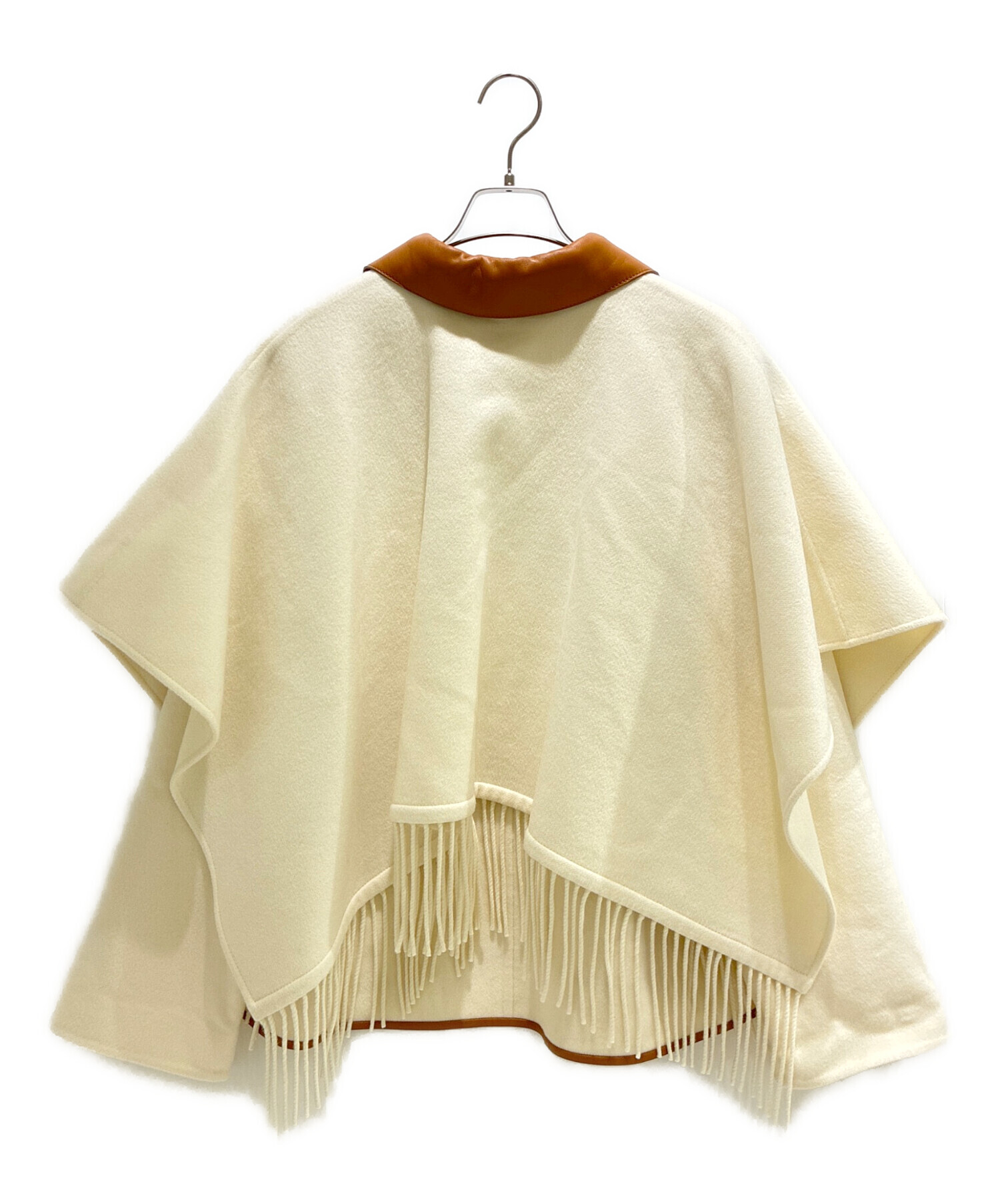 2024 最新　HERMES アイボリー フード付きポンチョ　カシミヤ100 中古・古着通販】HERMES (エルメス) カシミヤフリンジポンチョ タン