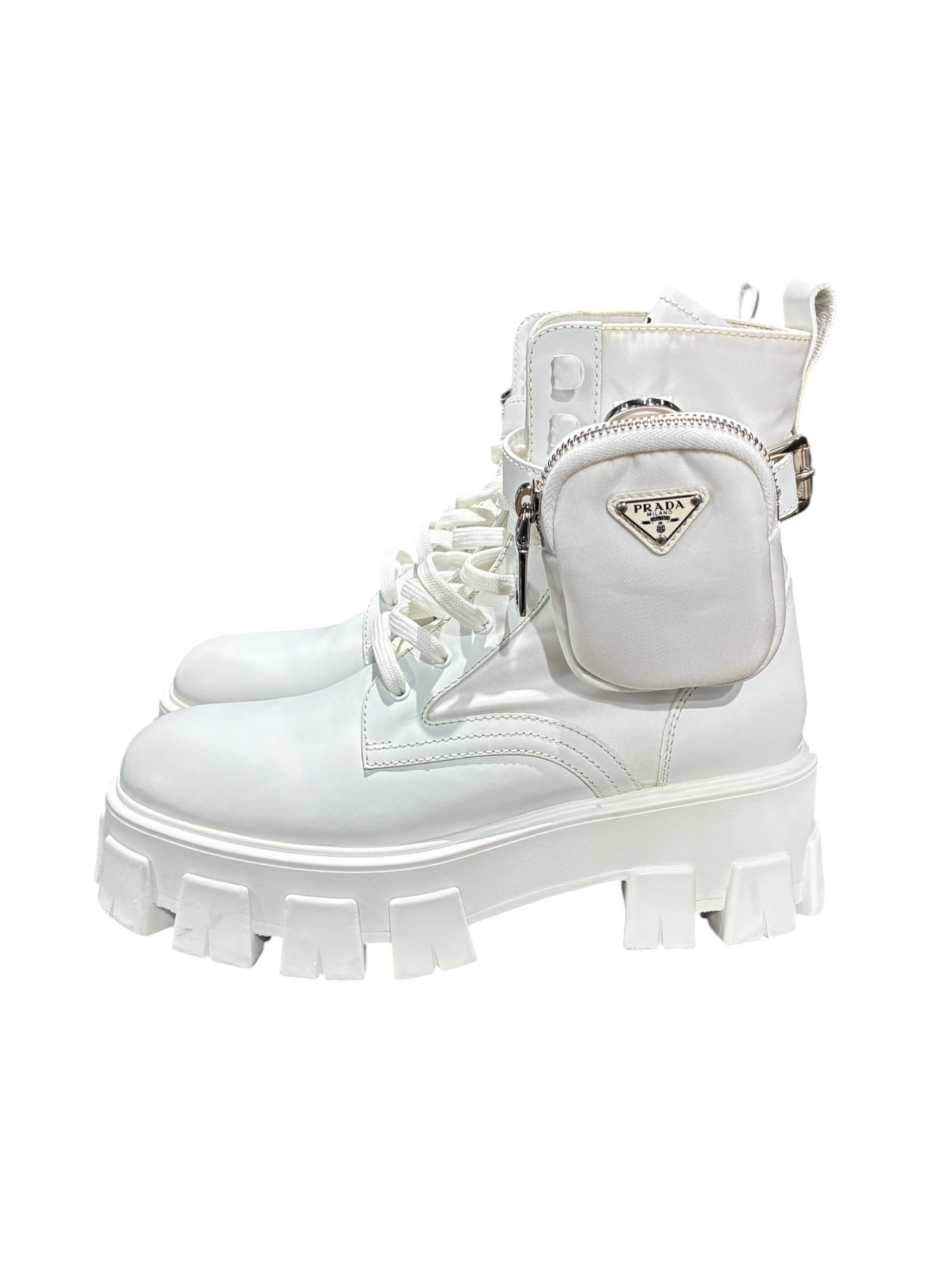 PRADA プラダ　モノリス　ホワイトブーツ サイドポケット付き36 中古・古着通販】PRADA (プラダ) モノリス レースアップブーツ 1T255