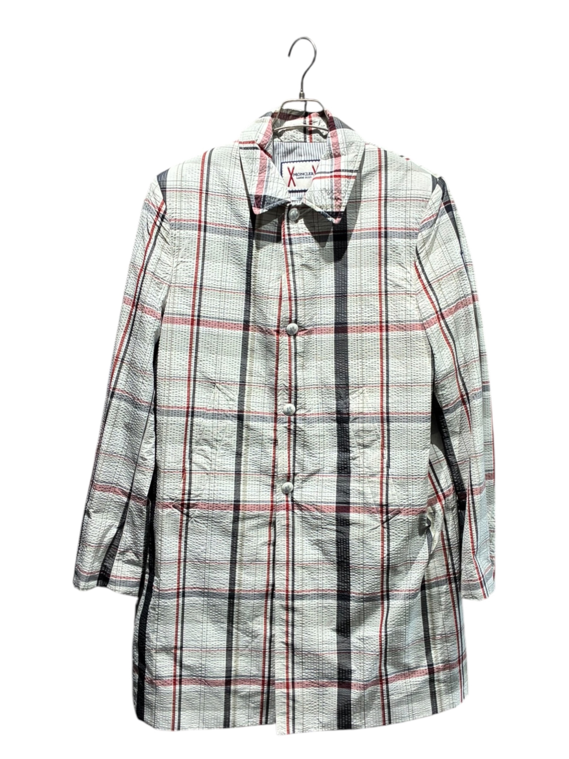 MONCLER ホワイト ステンカラーコート 中古・古着通販】MONCLER (モンクレール) チェックステンカラーコート