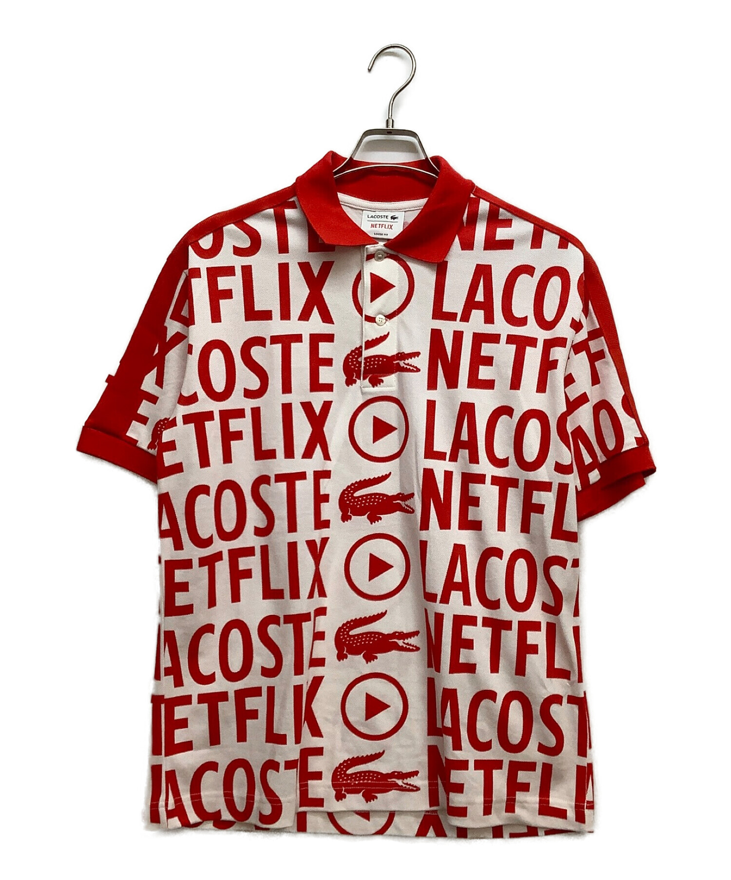 LACOSTE (ラコステ) NETFILIX (ネットフリックス) 『Lacoste x Netflix』 オーバーサイズ総柄ポロシャツ レッド  サイズ:3