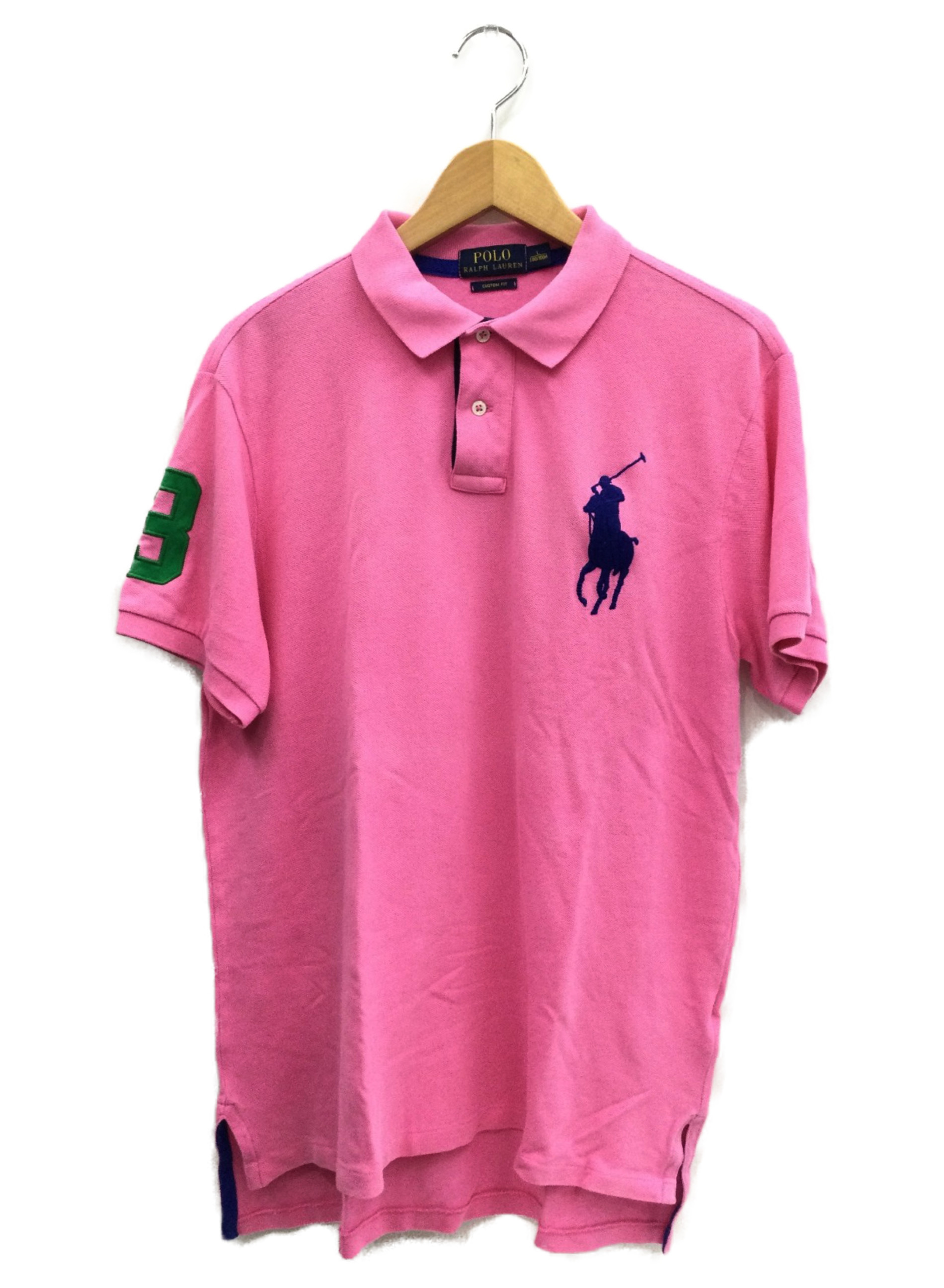 POLO RALPH LAUREN (ポロ・ラルフローレン) BIGポニー鹿の子ポロシャツ ショッキングピンク×ネイビー サイズ:L 180/100A