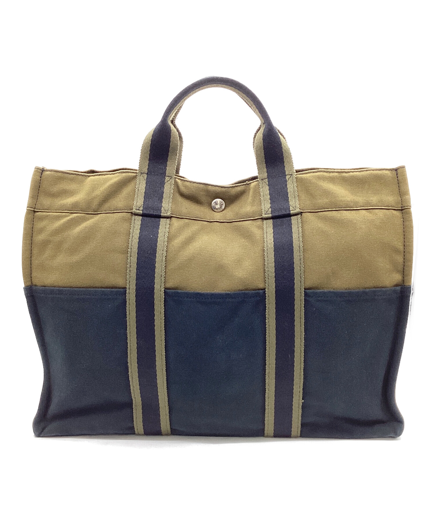 HERMES エルメス フールトゥ トートバッグ キャンバス ネイビー 茶色く 