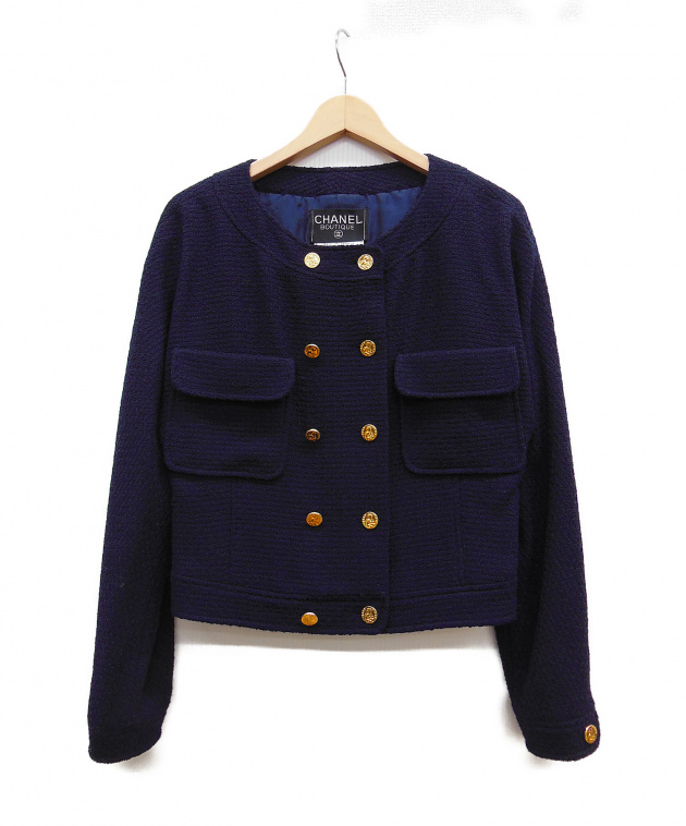 中古・古着通販】CHANEL (シャネル) ノーカラージャケット ネイビー 