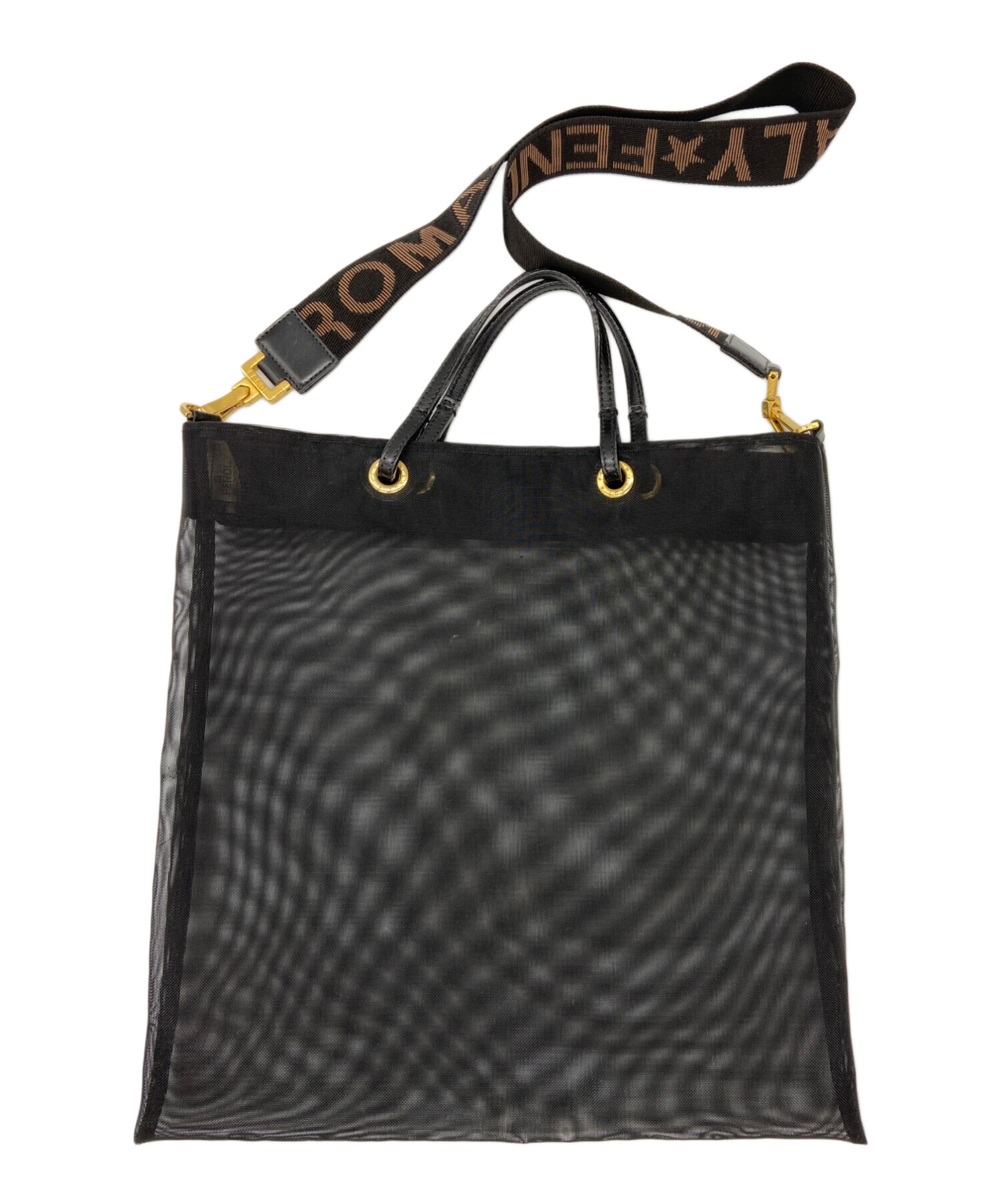 FENDI フェンディ ブラック メッシュ トートバッグ ハンド エナメル バッグ 