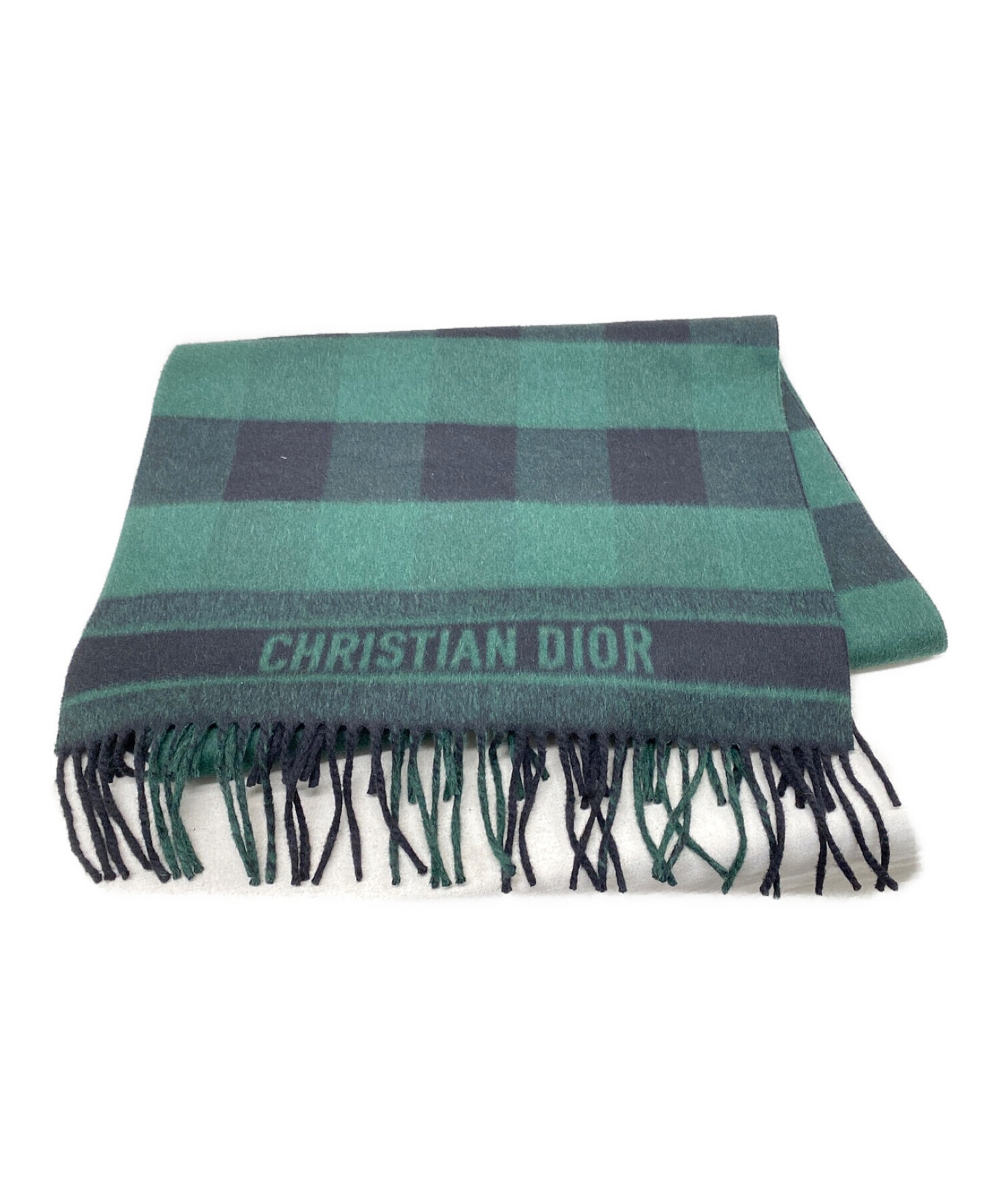 Christian Dior (クリスチャン ディオール) ブロックチェックマフラー グリーン×ブラック