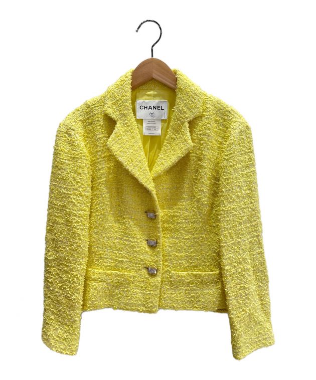 値下げシャネル 96Cヴィンテージ　ツイード　半袖ジャケット　イエロー 値下げシャネル 96Cヴィンテージツイード半袖ジャケットイエロー