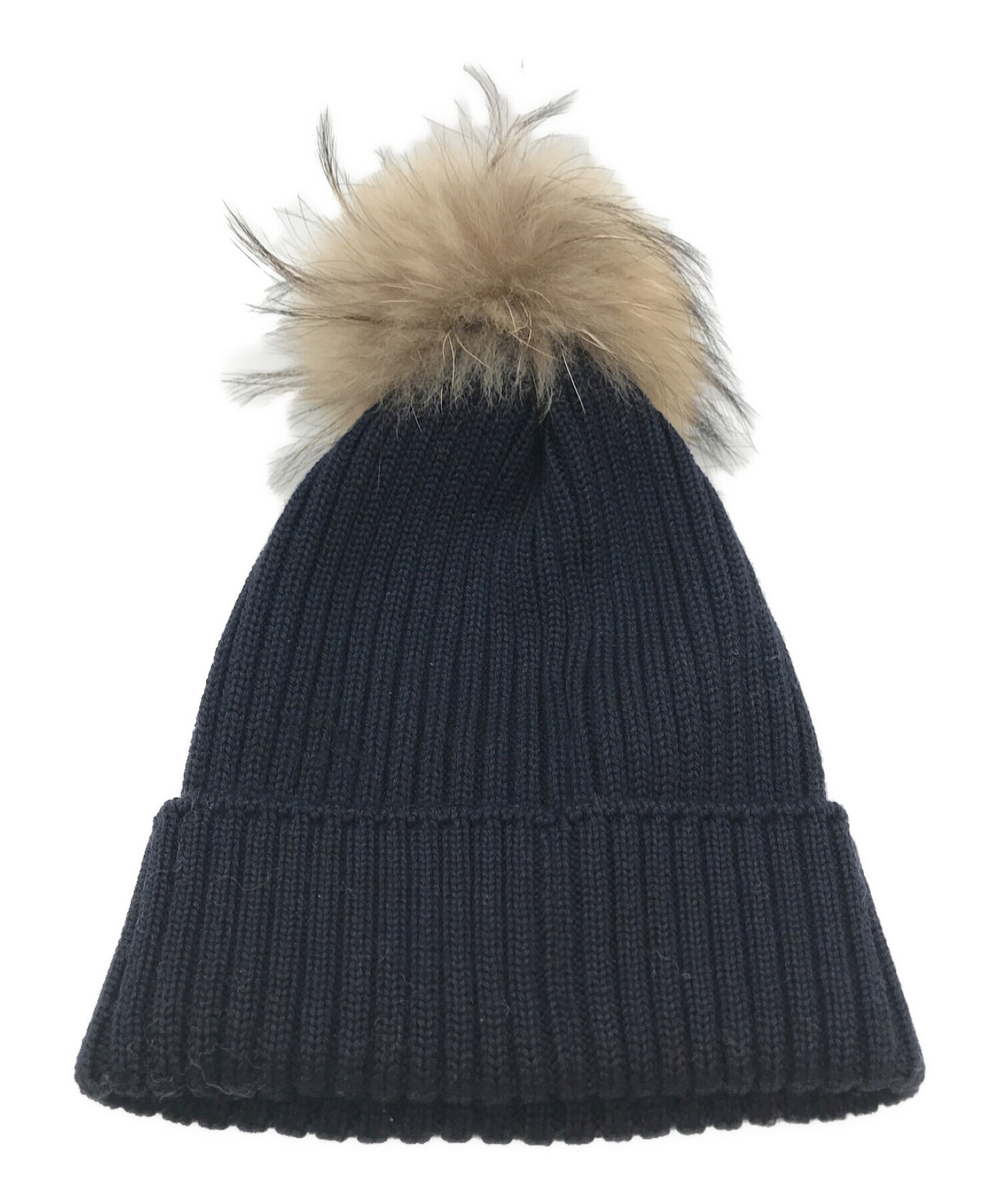 MONCLER (モンクレール) ファー付きパッチロゴニット帽 ネイビー サイズ:XL