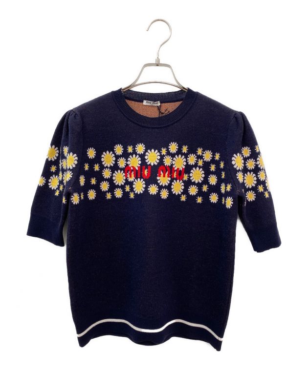 中古・古着通販】MIU MIU (ミュウミュウ) フラワー半袖ニット ネイビー  