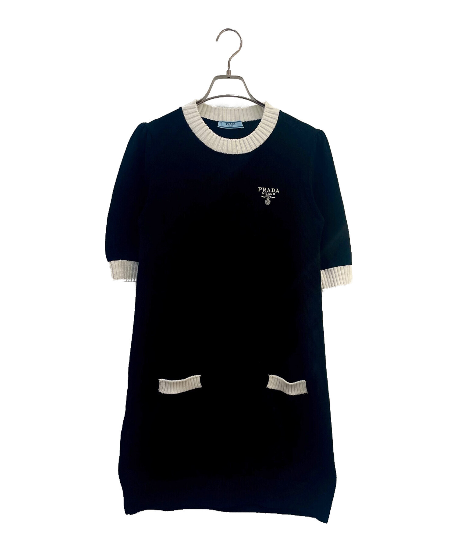 中古・古着通販】PRADA (プラダ) ロゴニットミニワンピース ブラック  