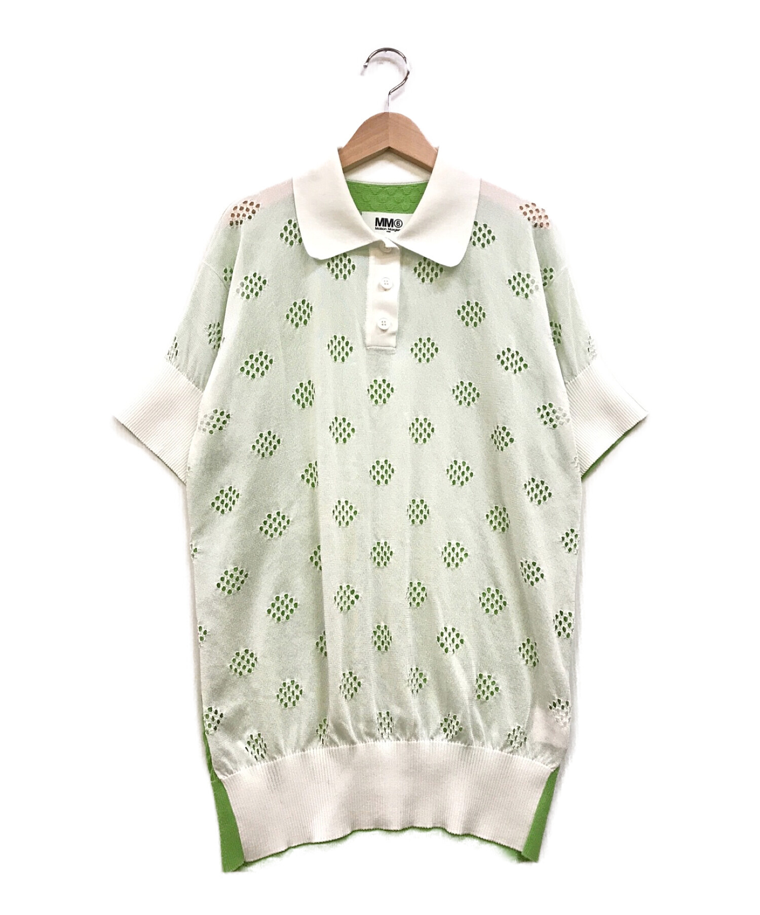MM6 Maison Margiela (エムエムシックス メゾンマルジェラ) ツートーンカラー ニット ポロシャツ グリーン×ホワイト サイズ:S