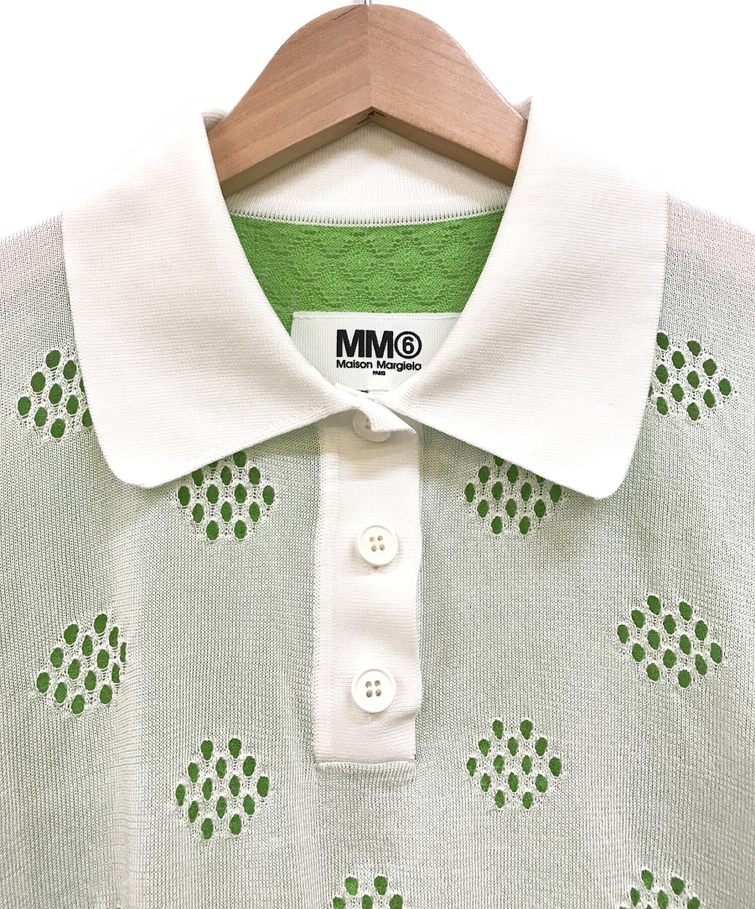 MM6 Maison Margiela (エムエムシックス メゾンマルジェラ) ツートーンカラー ニット ポロシャツ グリーン×ホワイト サイズ:S