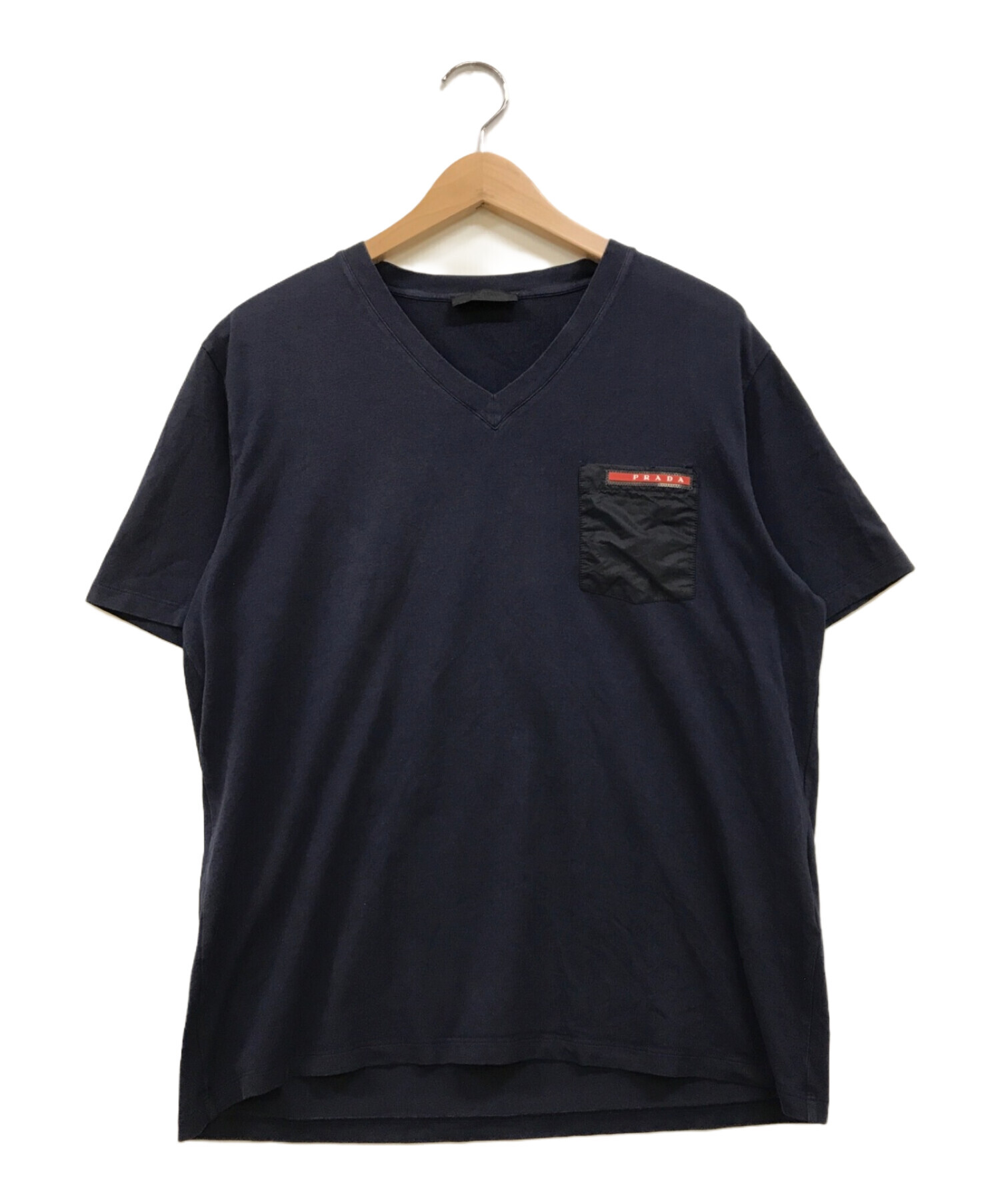 PRADA プラダ Vネック Tシャツ ロゴ ナイロン切り替え S ブラック メンズ