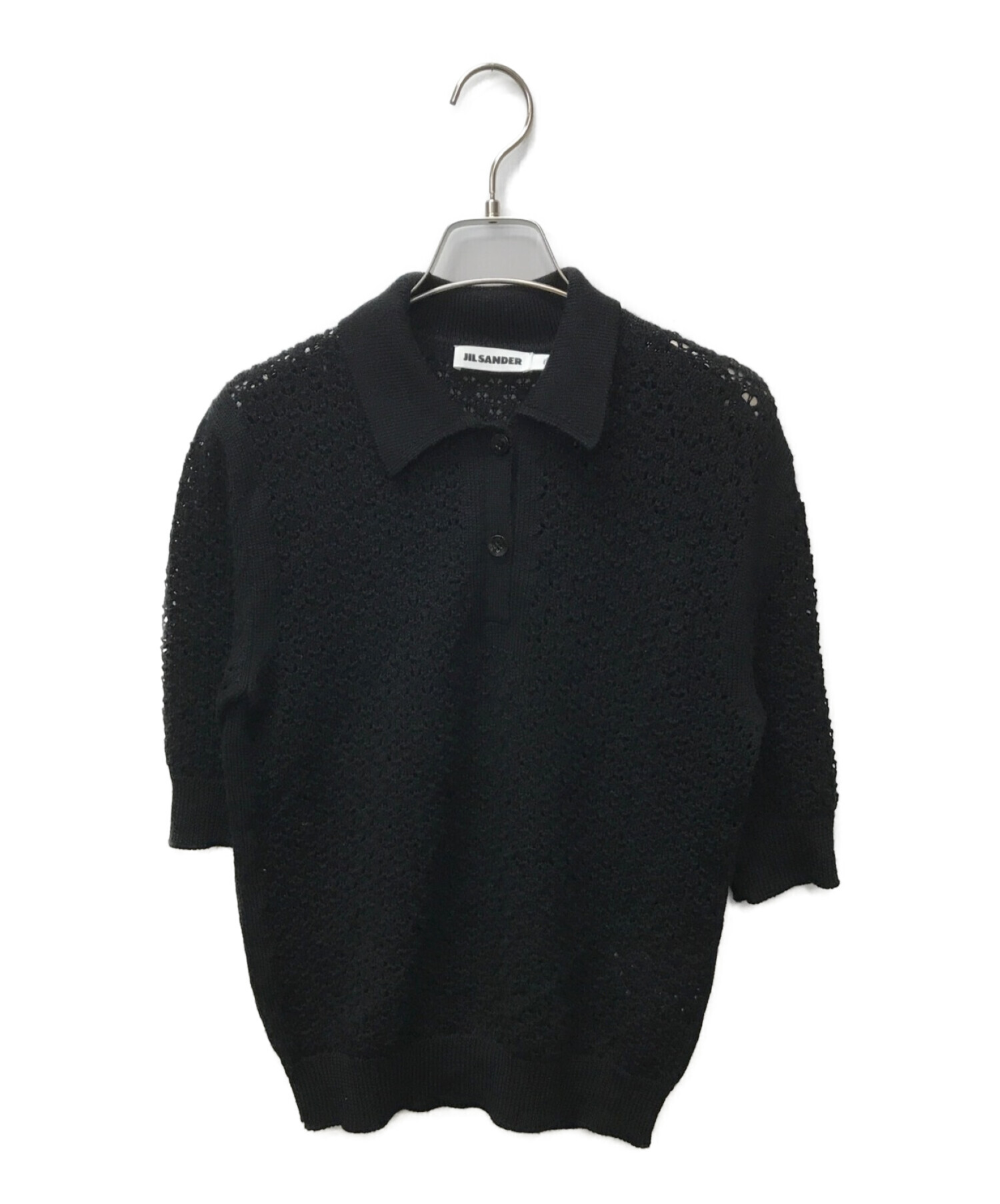 JIL SANDER (ジルサンダー) クロシェニットポロシャツ ブラック サイズ:34