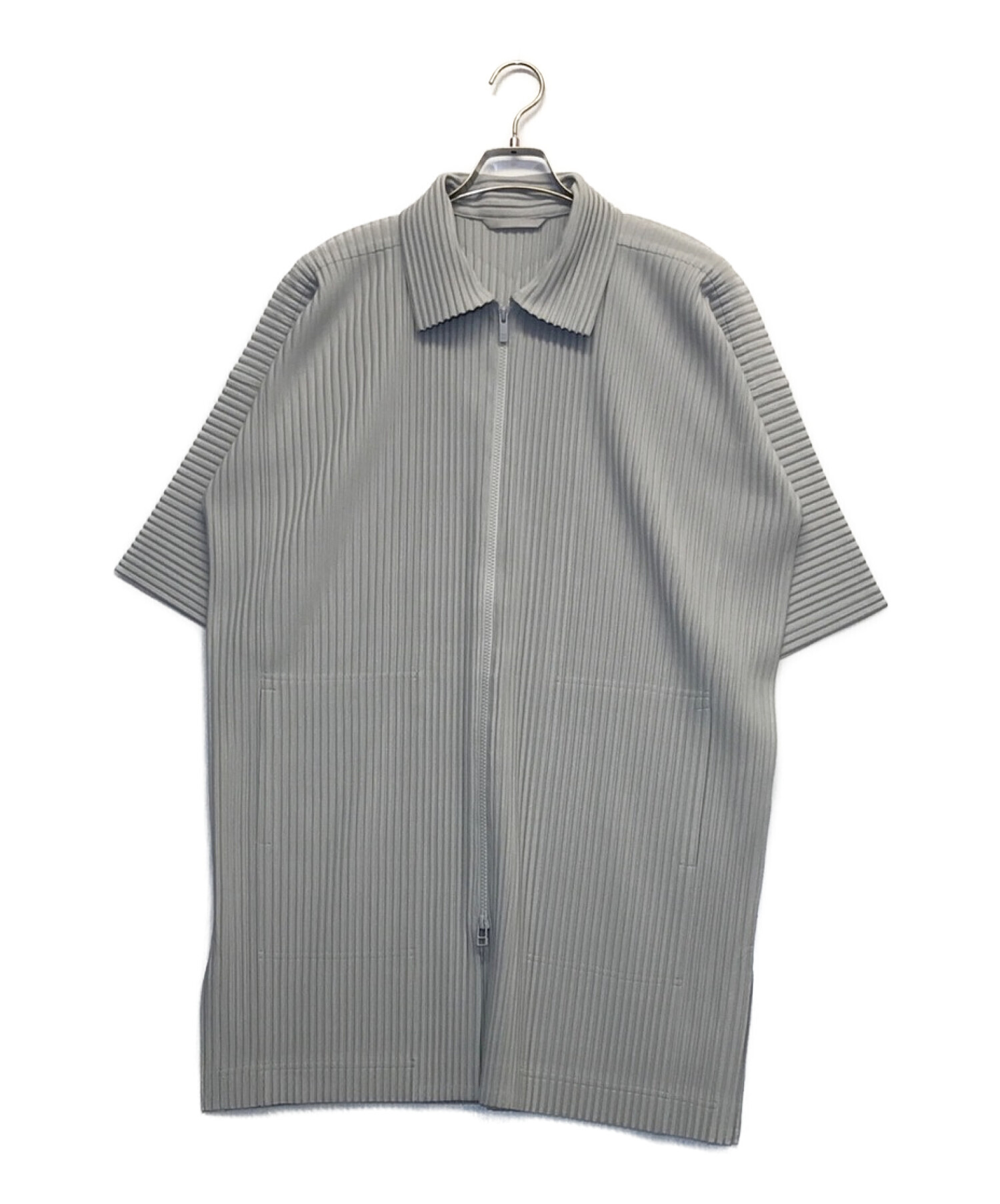 HOMME PLISSE ISSEY MIYAKE (オムプリッセ イッセイ ミヤケ) ジップアップロング半袖シャツ グレー サイズ:2