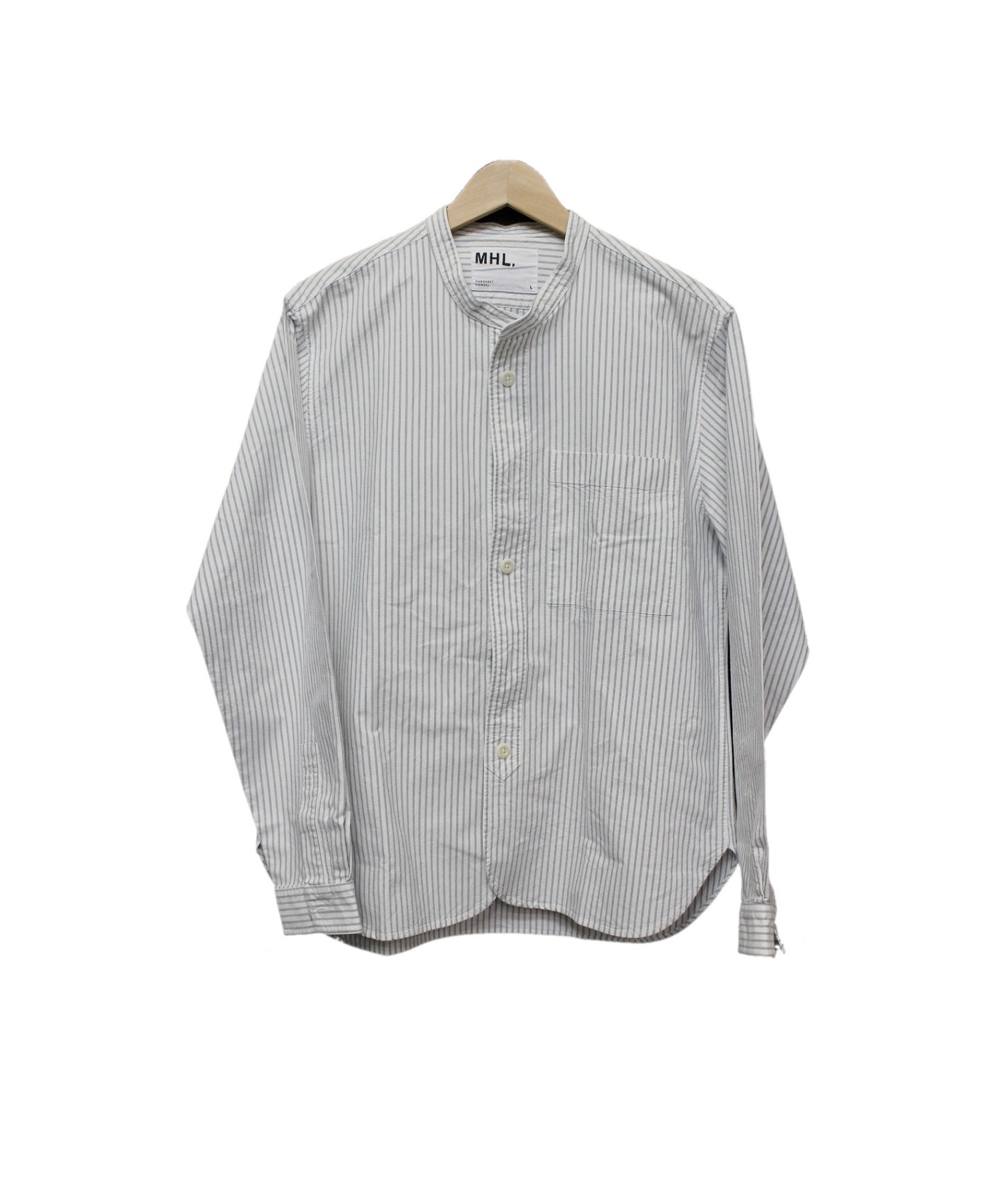MHL (エムエイチエル) ストライプバンドカラーシャツ ホワイト×グレー サイズ:L