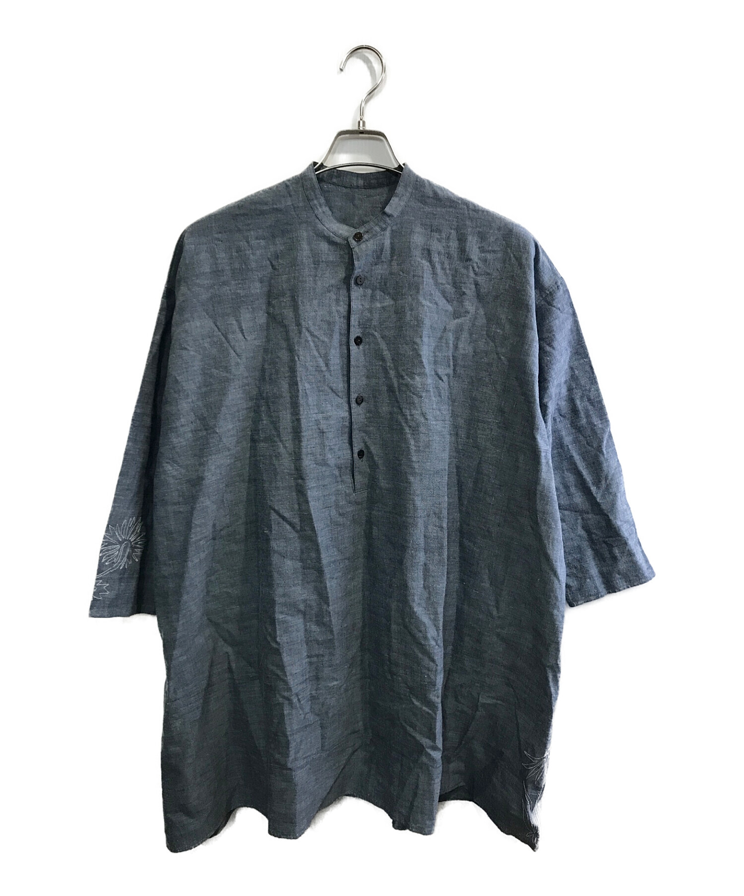 JURGEN LEHL (ヨーガンレール) 刺繍プルオーバーバンドカラーシャツ ブルー サイズ:M