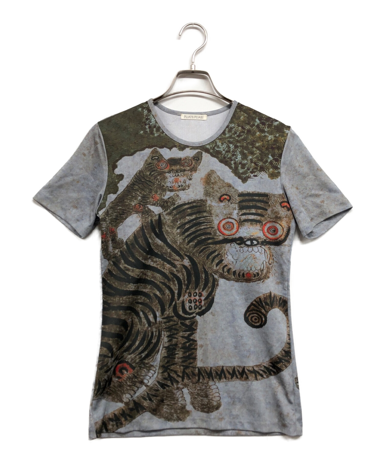 PLEATS PLEASE (プリーツプリーズ) タイガーキャットプリントTシャツ グレー サイズ:3