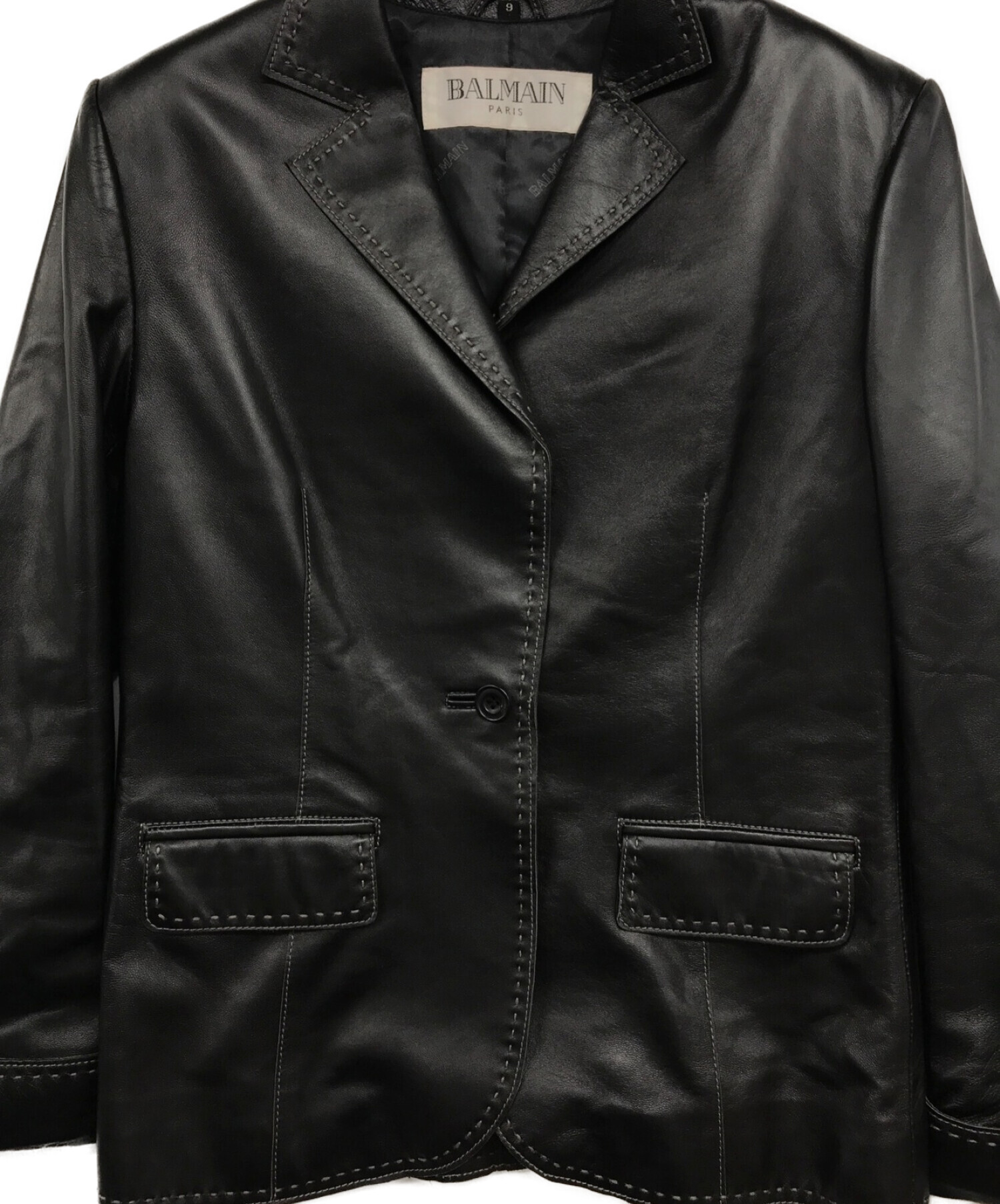 BALMAIN (バルマン) ステッチレザーテーラードジャケット ブラック サイズ:9