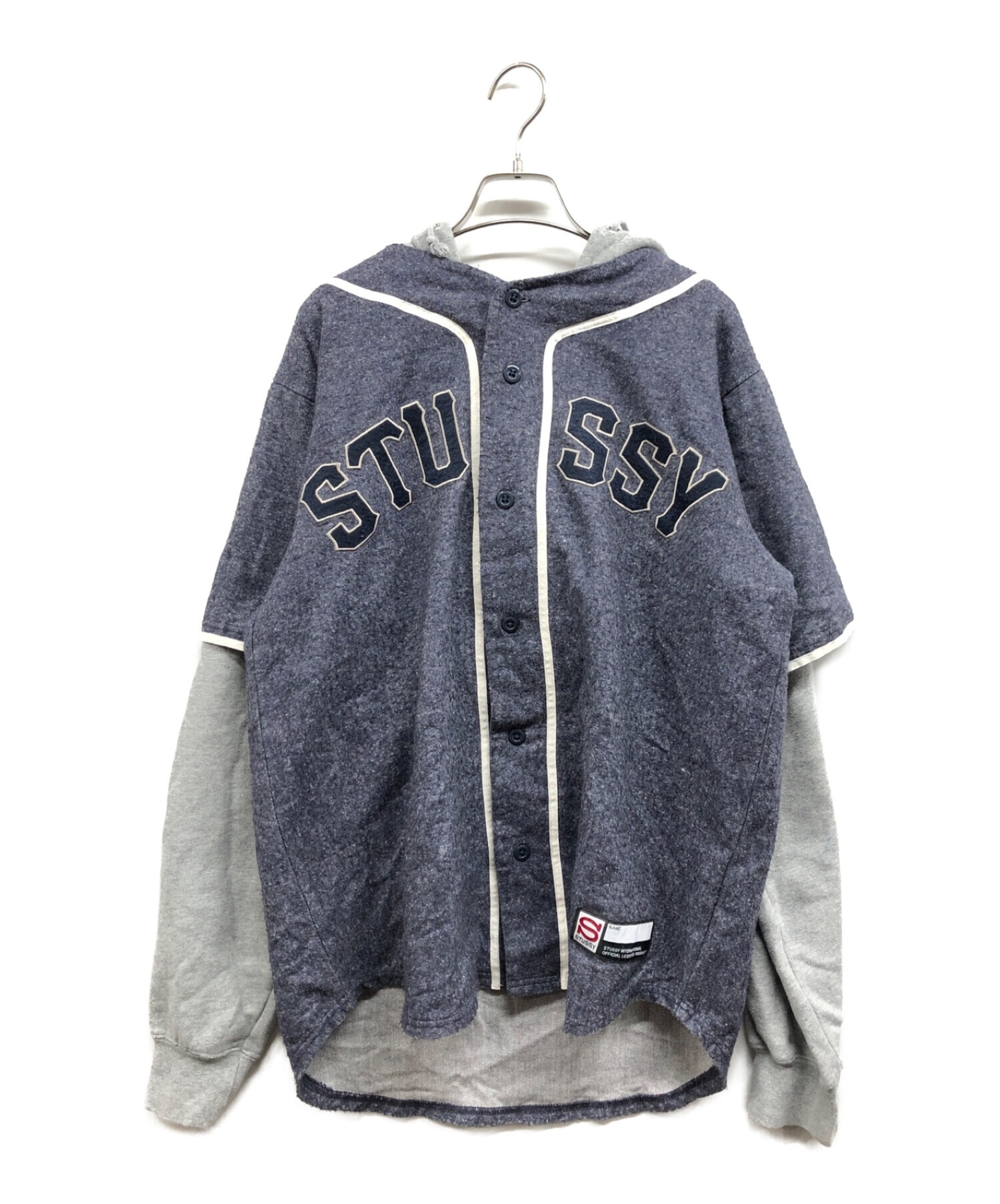 『希少』STUSSY ベースボールシャツ　レイヤードパーカー　グレー　【S】