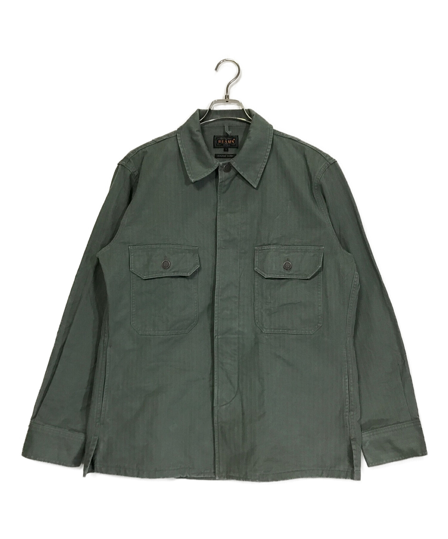 BEAMS PLUS (ビームスプラス) ヘリンボーン ミリタリーシャツジャケット グリーン サイズ:S