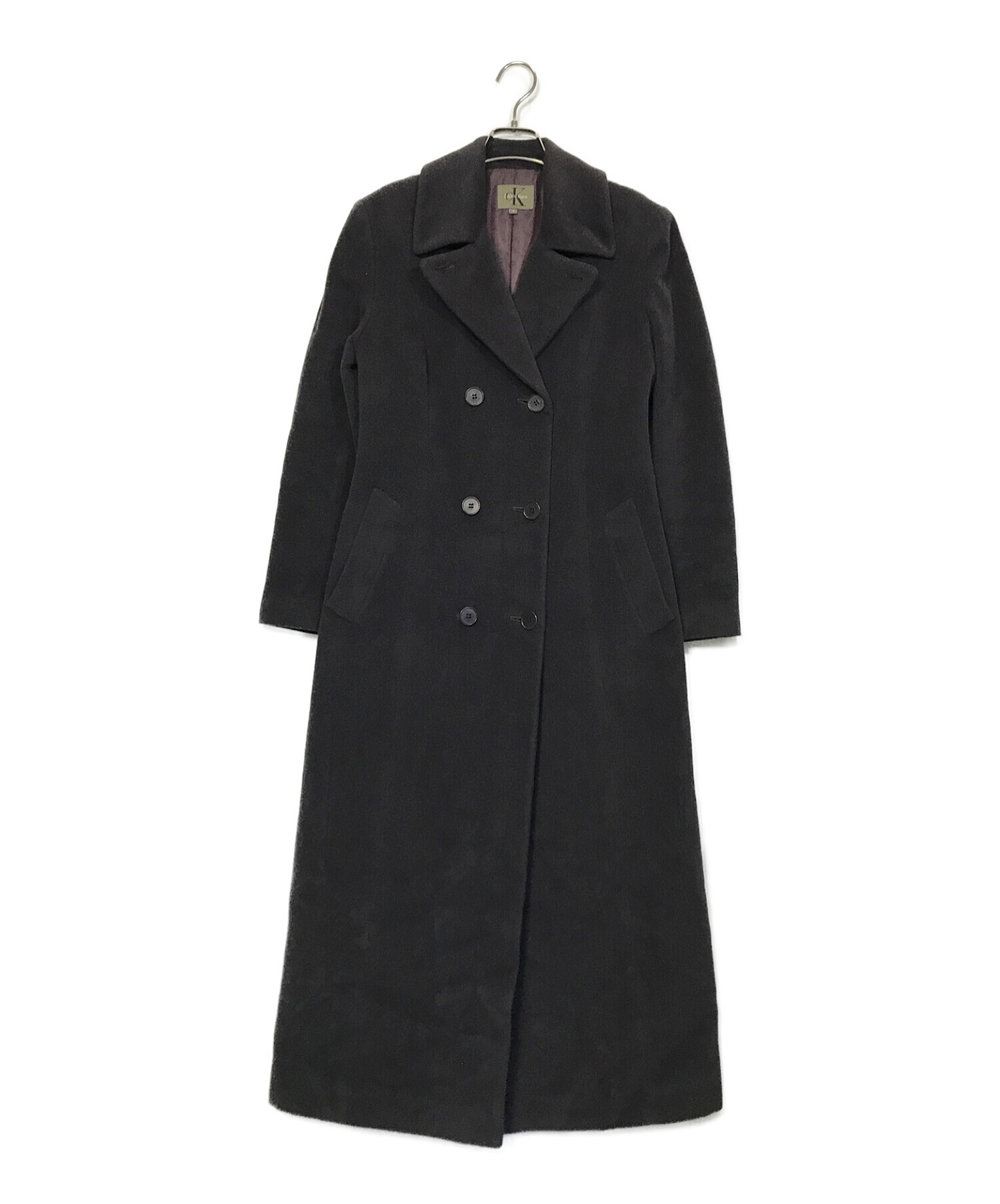 極美品 カルバンクライン ステンカラーコート ベルト付き アンゴラ素材 羊毛 黒