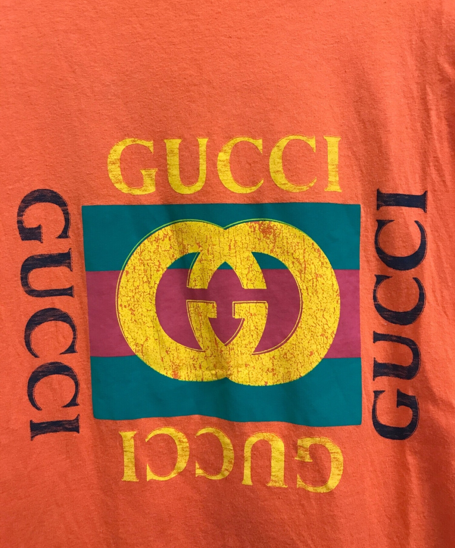 GUCCI (グッチ) ヴィンテージグリッターロゴプリントダメージTシャツ オレンジ サイズ:XS