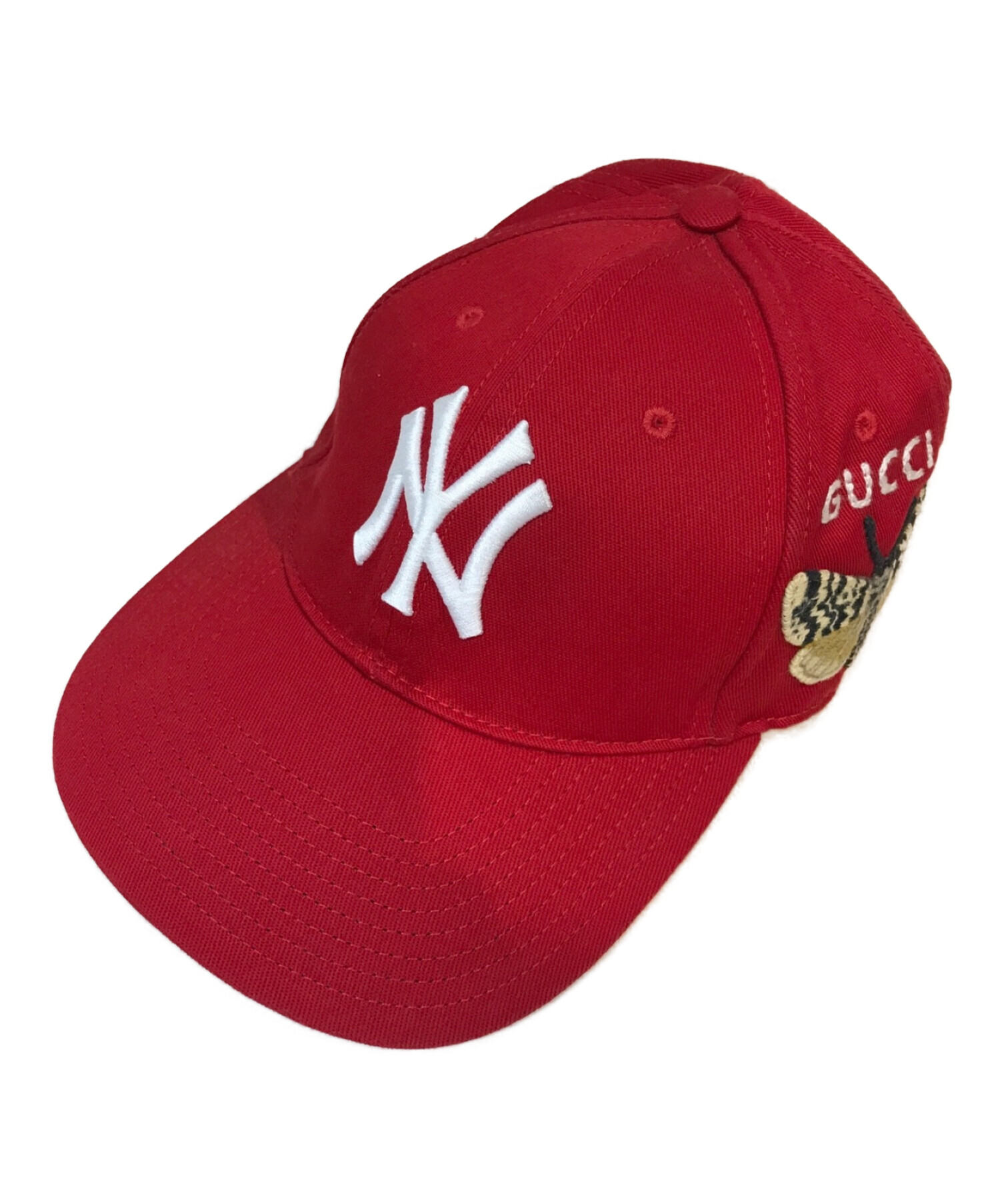 GUCCI (グッチ) NEW YORK YANKEES (ニューヨークヤンキース) バタフライ刺繍ベースボールキャップ レッド