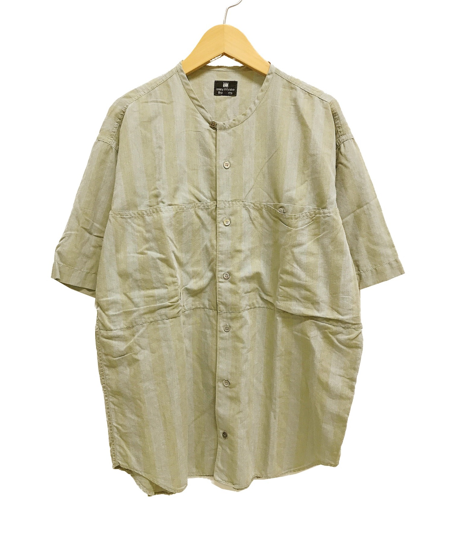 ISSEY MIYAKE (イッセイミヤケ) アーカイブ/2重ポケットノーカラーワイドシャツ ストライプ グリーン サイズ:S