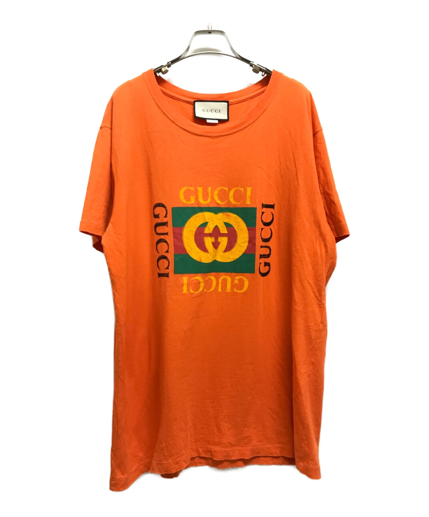 GUCCI (グッチ) ヴィンテージグリッターロゴプリントダメージTシャツ オレンジ サイズ:下記参照