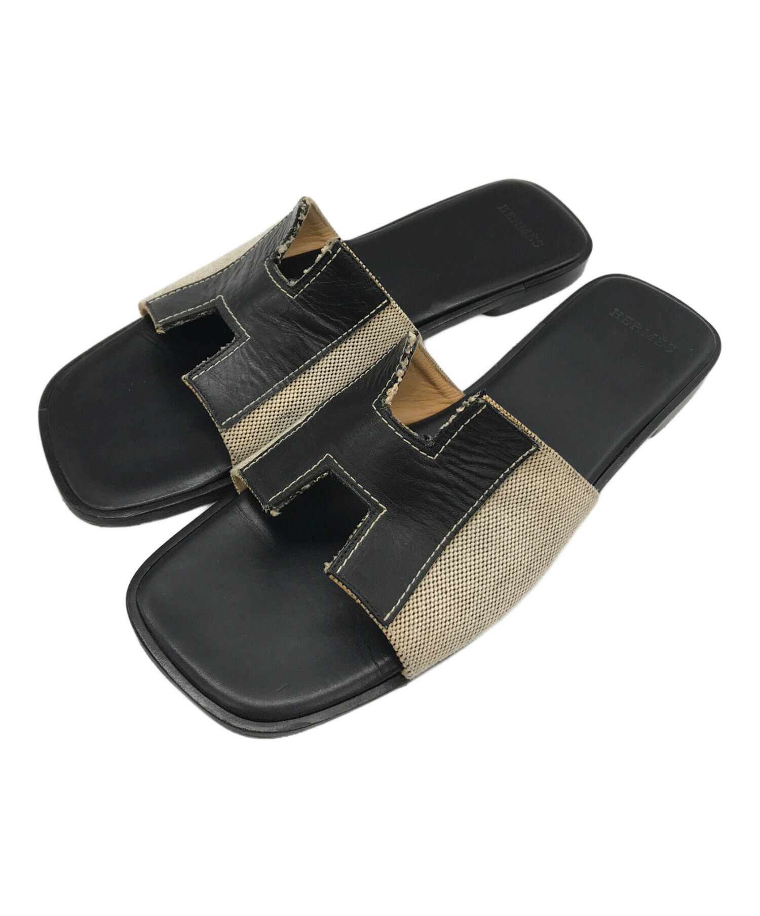 HERMES レザー × キャンバス コンビ サンダル / エルメス