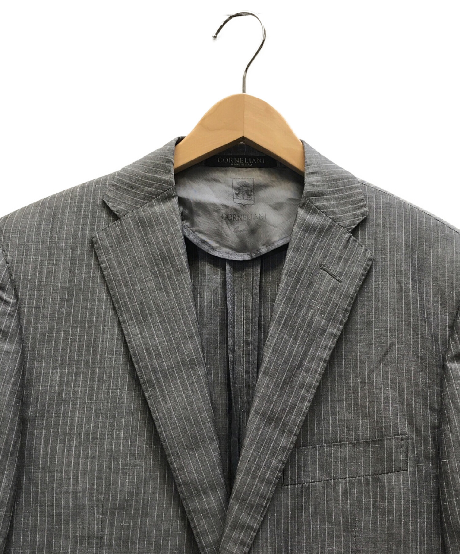 CORNELIANI (コルネリアーニ) ウールシルクストライプテーラードジャケット サイドベンツ グレー サイズ:46