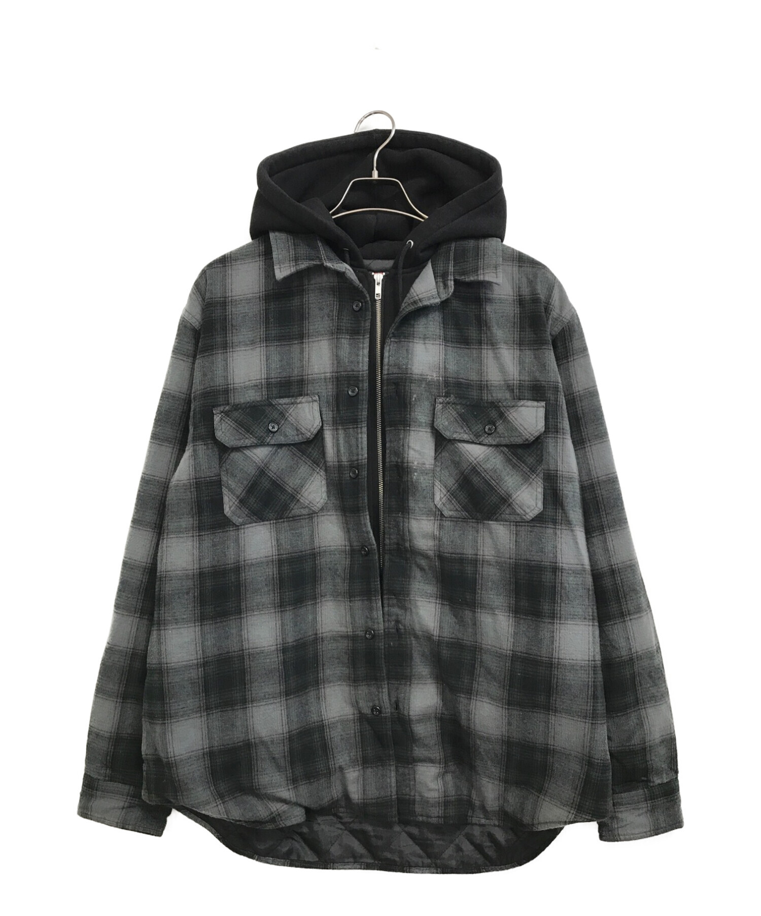 Lサイズ hooded flannel zip up shirt black