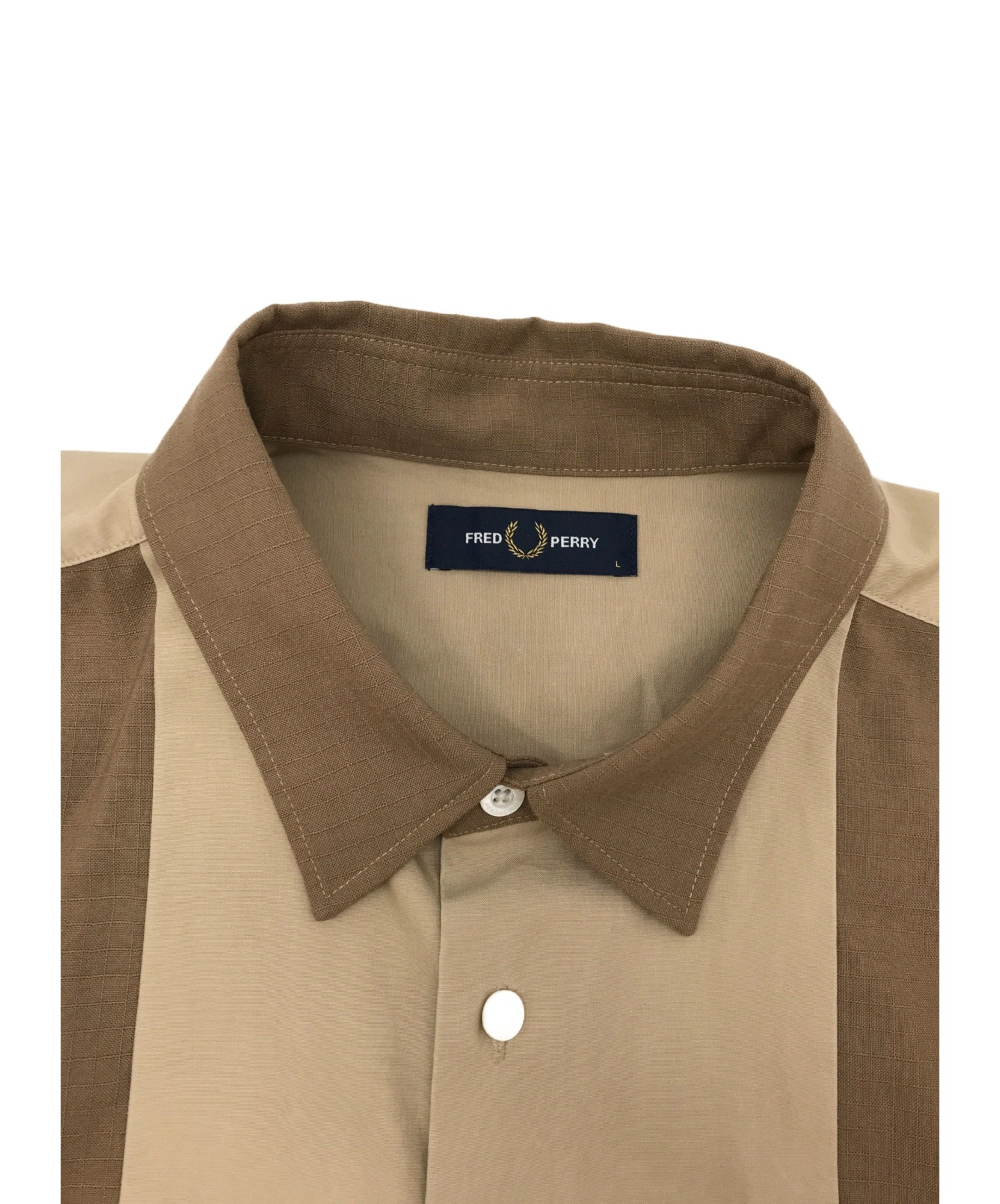 FRED PERRY (フレッドペリー) パネルシャツ / ロングスリーブシャツ ベージュ×ブラウン サイズ:L PANELLED SHIRT