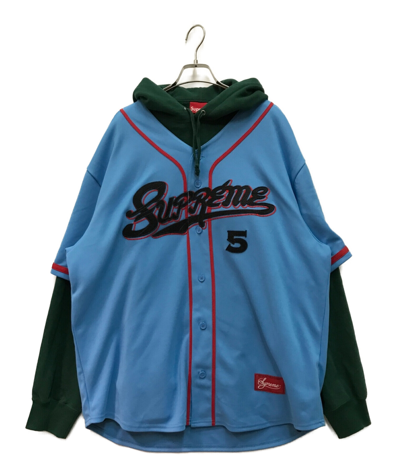 SUPREME (シュプリーム) Baseball Jersey Hooded Sweatshirt グリーン×スカイブルー サイズ:XL