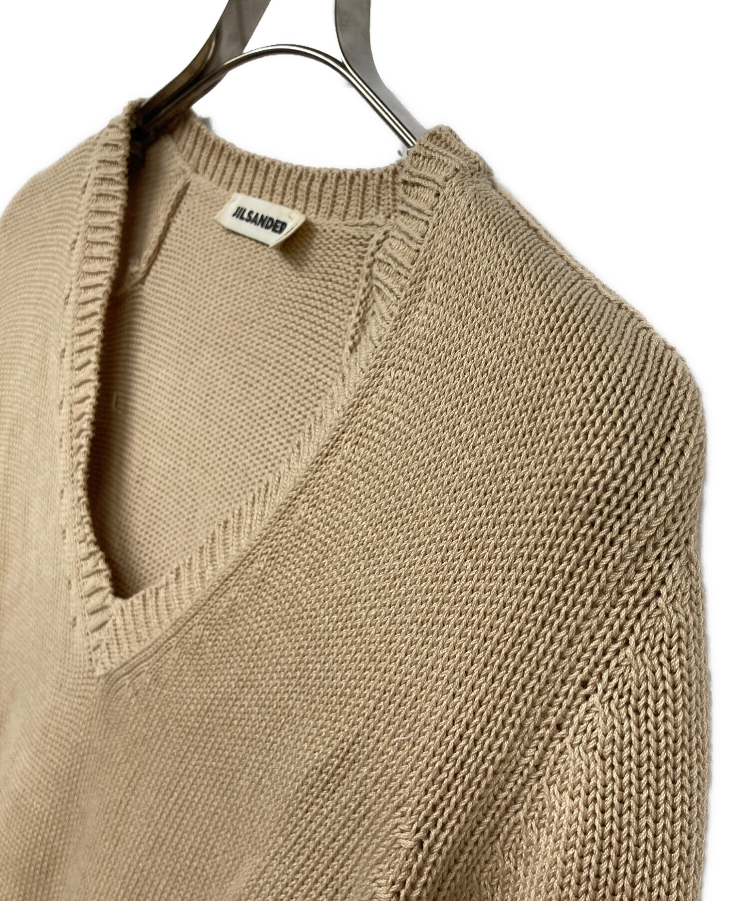 〓JIL SANDER〓 グレージュVネック リボンOPENアームWOOLニット 〓JIL SANDER〓 グレージュVネック リボンOPENアームWOOLニット