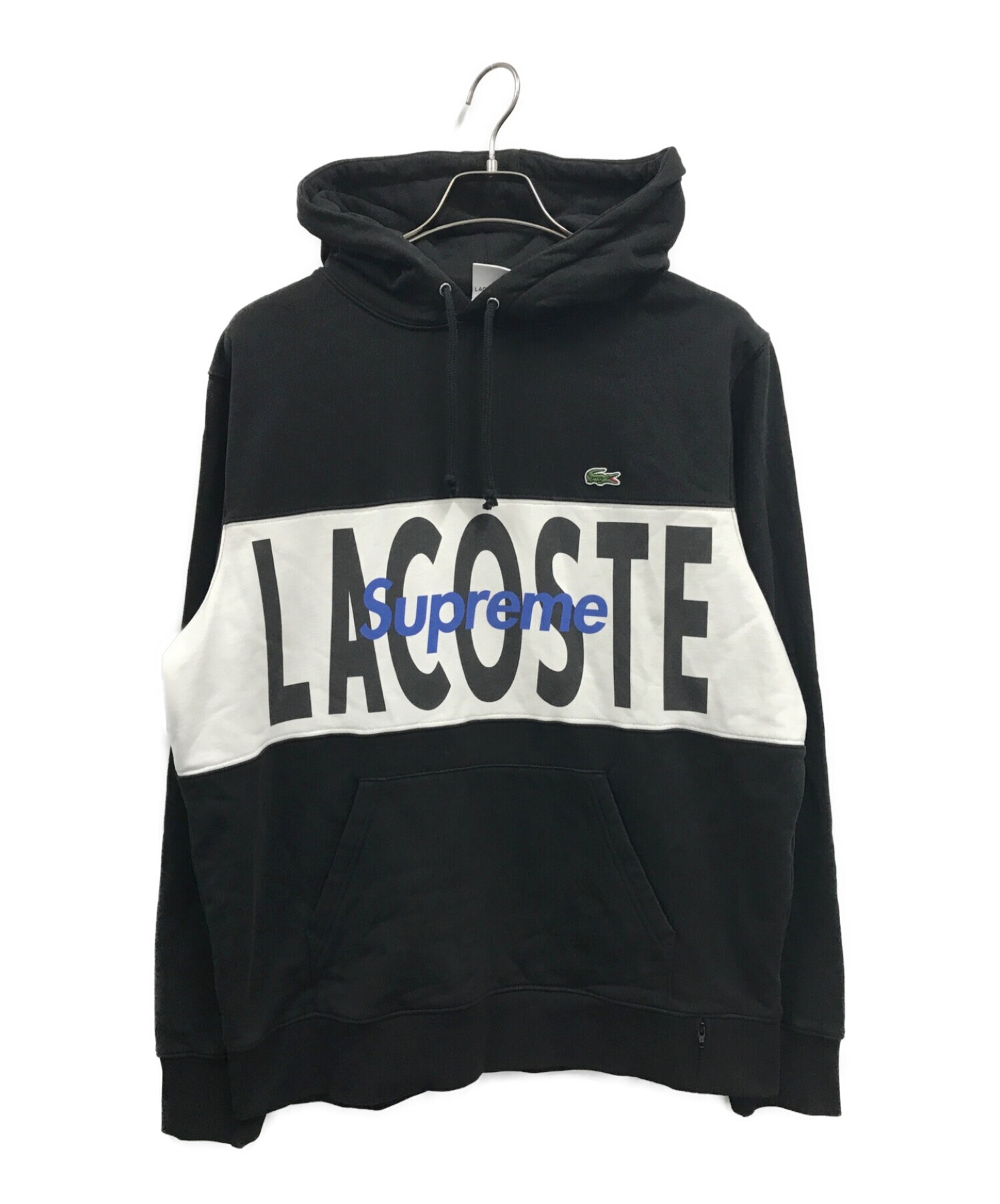 Supreme × LACOSTE (シュプリーム × ラコステ) ロゴパネルフーデッドスウェットシャツ / 19AW Logo Panel  Hooded Sweatshirt ブラック×ホワイト サイズ:M