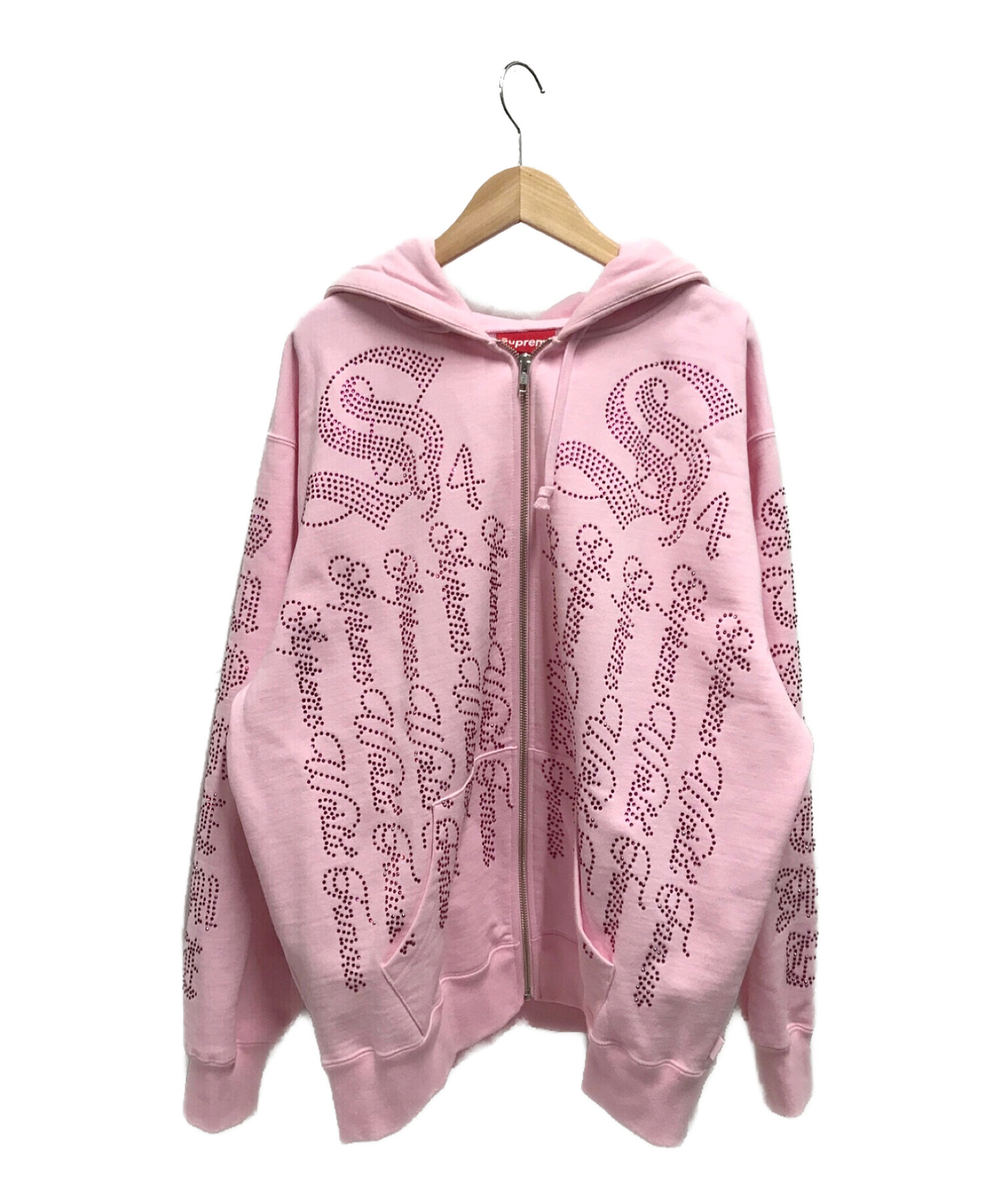 SUPREME (シュプリーム) ラインストーンジップアップフーディ / Rhinestone Zip up Hooded Sweatshirt  ピンク サイズ:Medium