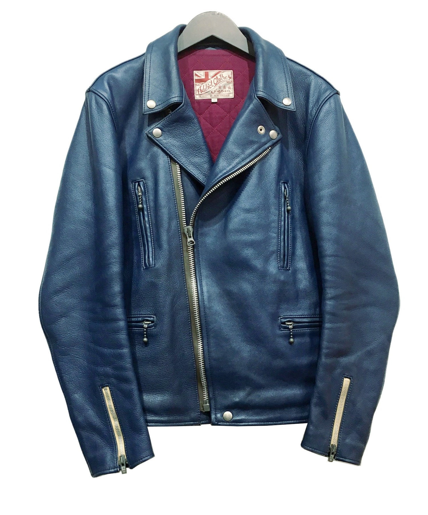 ADDICT CLOTHES (アディクト クローズ) カウレザーダブルライダースジャケット ブルー サイズ:40