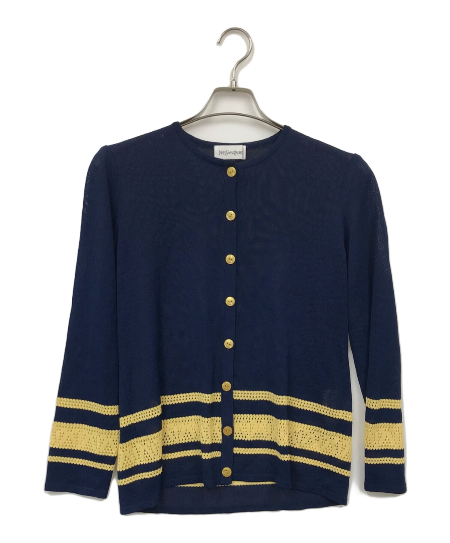 【超希少】イヴサンローラン 金ボタン クルーネックケーブルカーディガン ネイビー 美品】 【高級】 日本製 イブサンローラン カーディガン M ネイビー