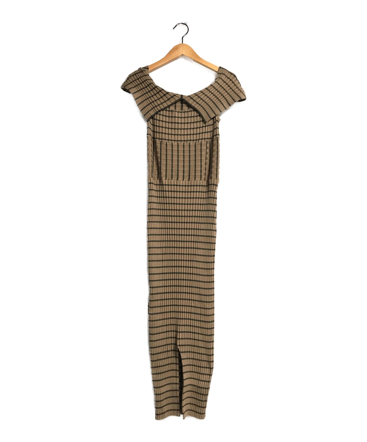 HER LIP TO (ハーリップトゥー) ストライプリブニットミディドレス ブラウン サイズ:S Stripe Ribbed-Knit Midi  Dress 人気アイテム　オフショル