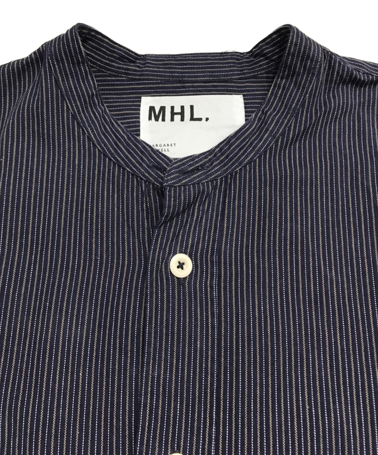 MHL (エムエイチエル) バンドカラーストライプシャツ ネイビー サイズ:S