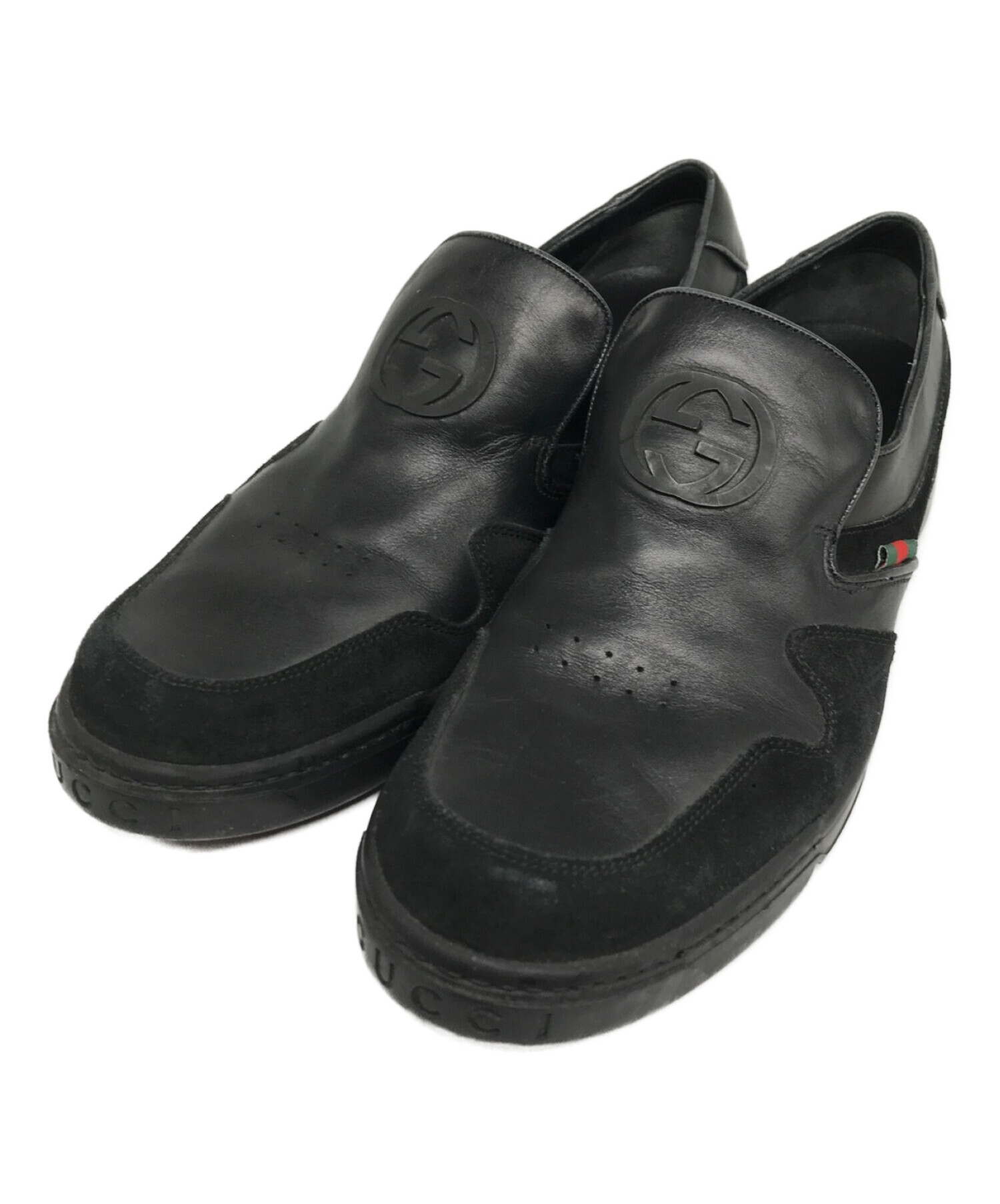 中古・古着通販】GUCCI (グッチ) レザースリッポンスニーカー ブラック 