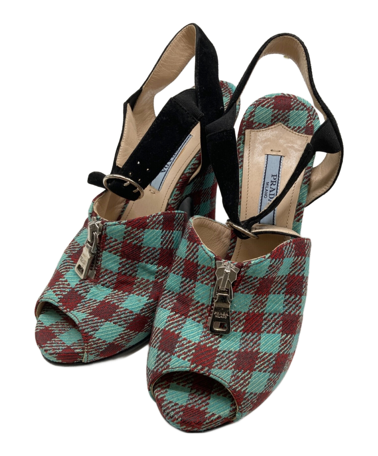 中古・古着通販】PRADA (プラダ) チェックヒールパンプス グリーン 
